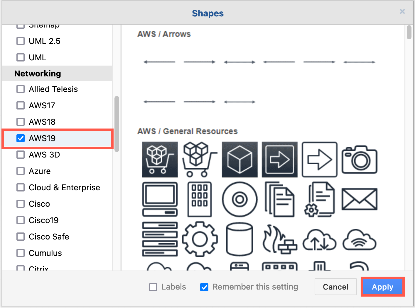Enable the AWS19 shape library for Amazon Web Services infrastructure diagrams in draw.io