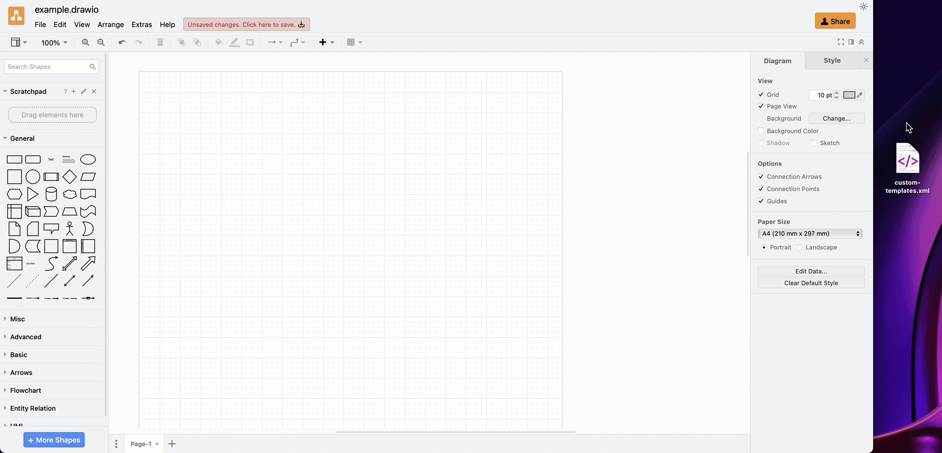 Add the shapes and templates from a custom library to the scratchpad in draw.io