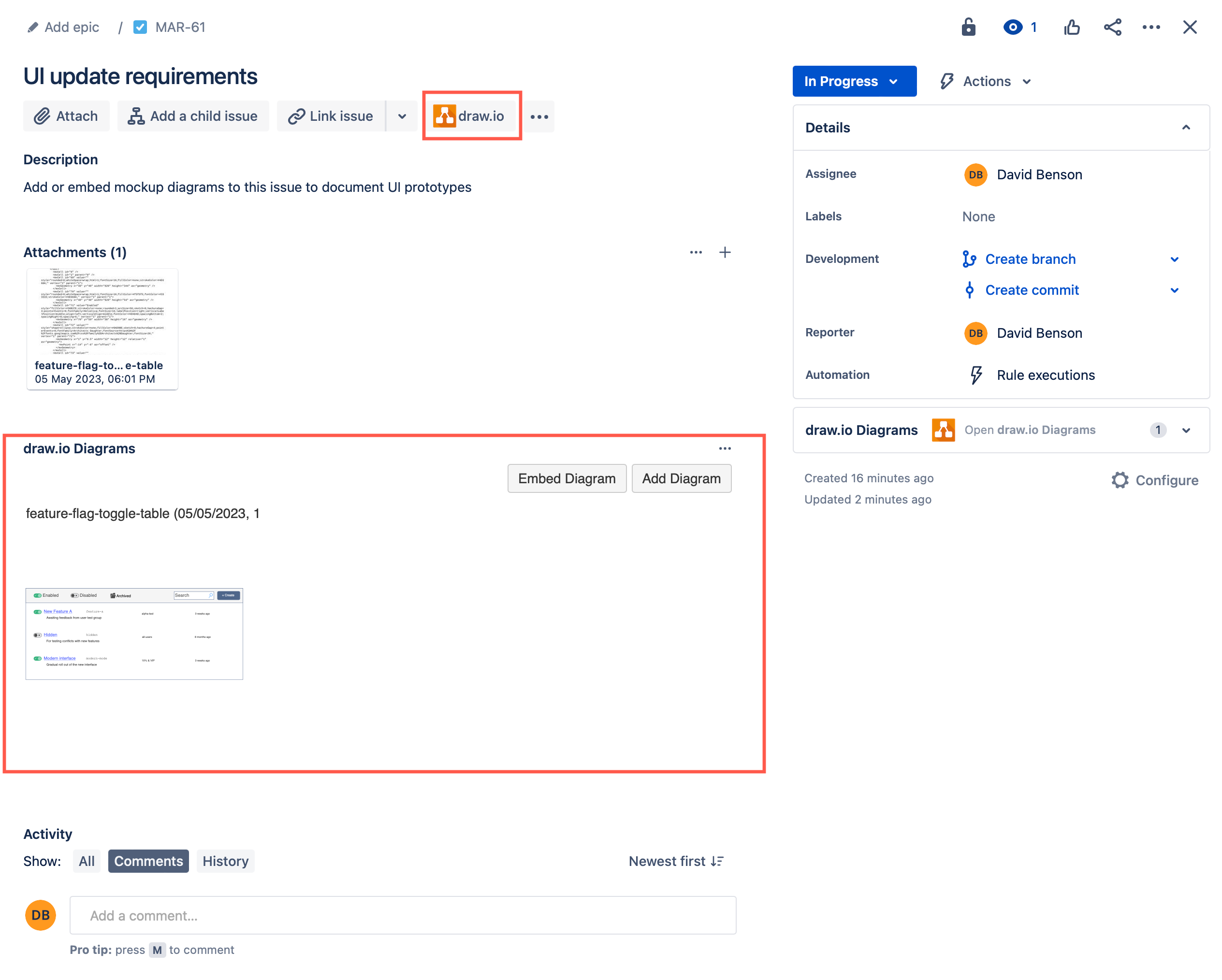 Display the draw.io diagrams section in your Jira Cloud issue
