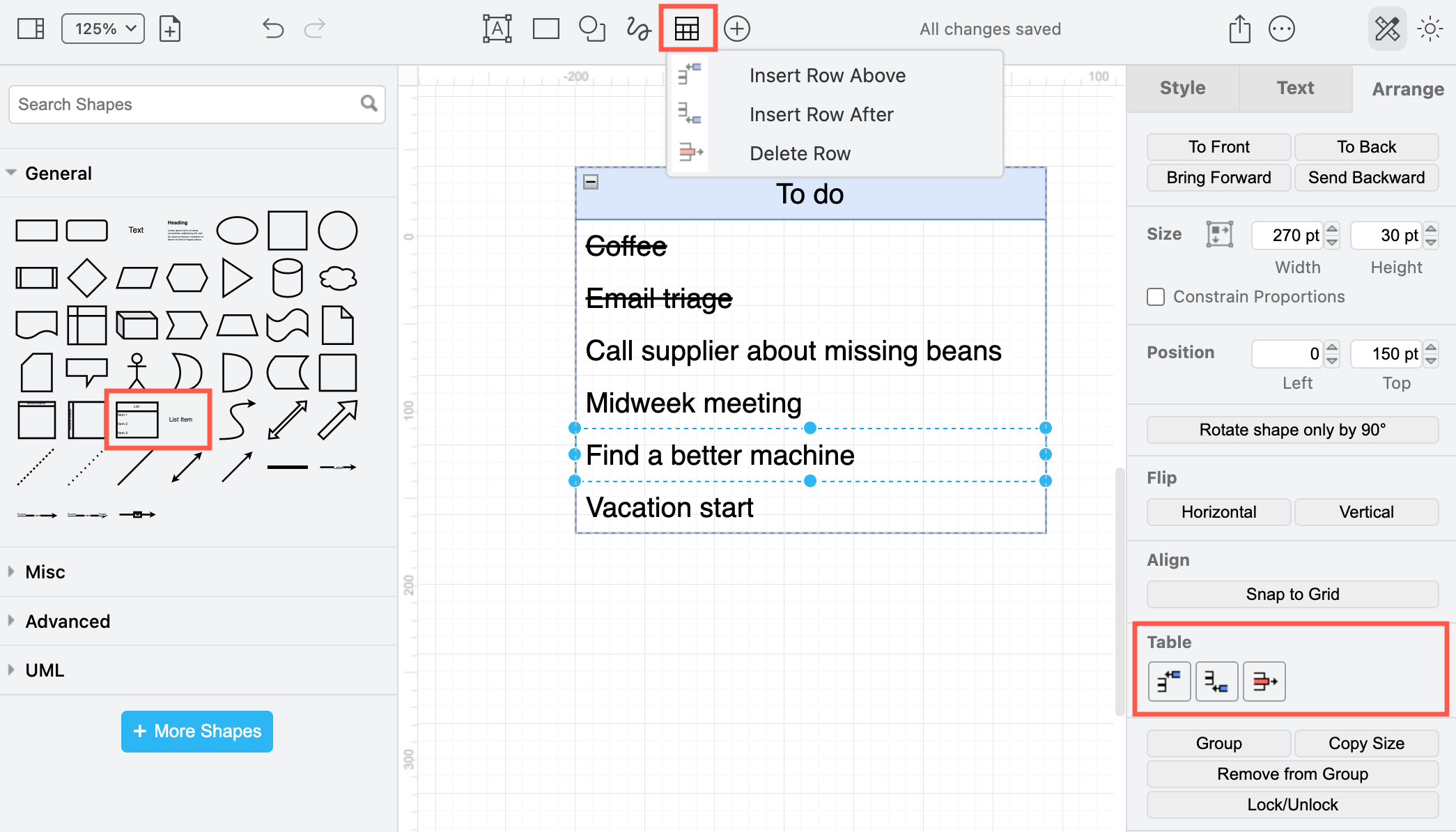 Use the Arrange tab of the format panel, the table tool in the toolbar or keyboard shortcuts to work with list shapes in diagram.net