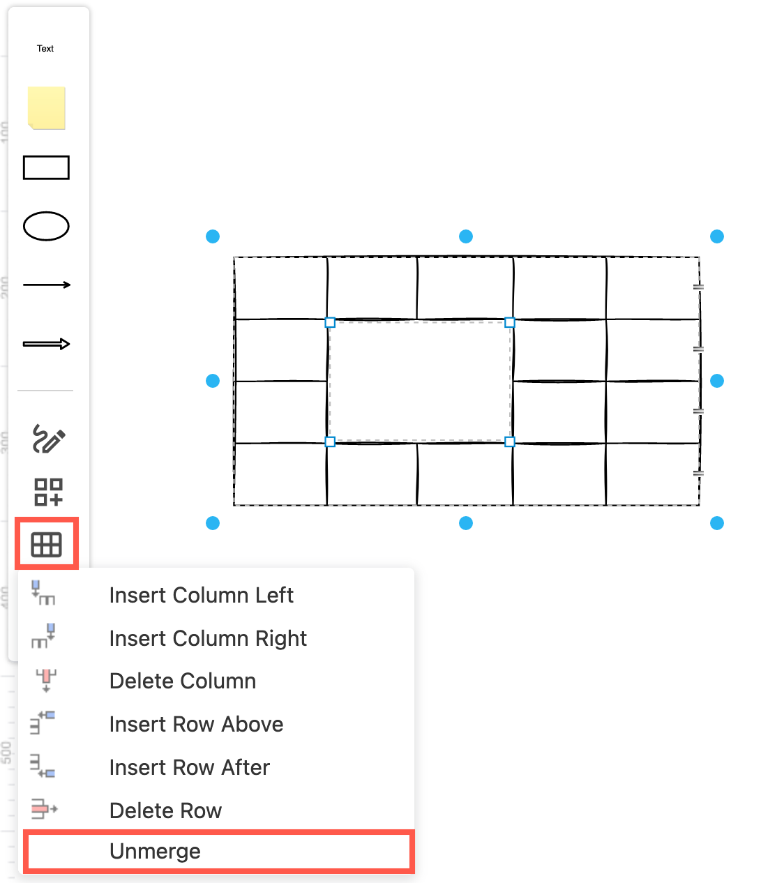 Unmerge table cells in the Sketch whiteboard-like editor theme draw.io