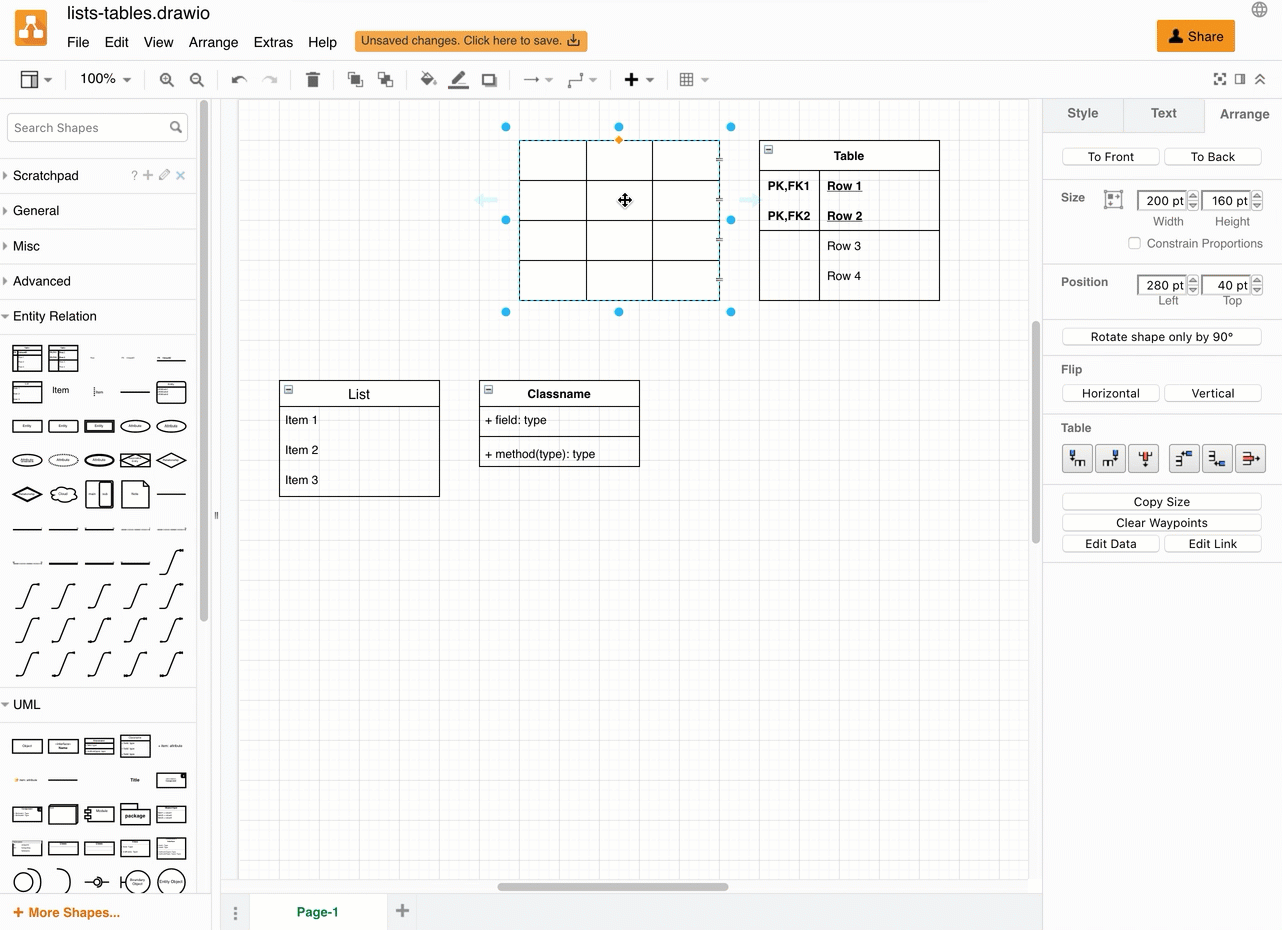 Add rows to table and list shapes in diagrams.net