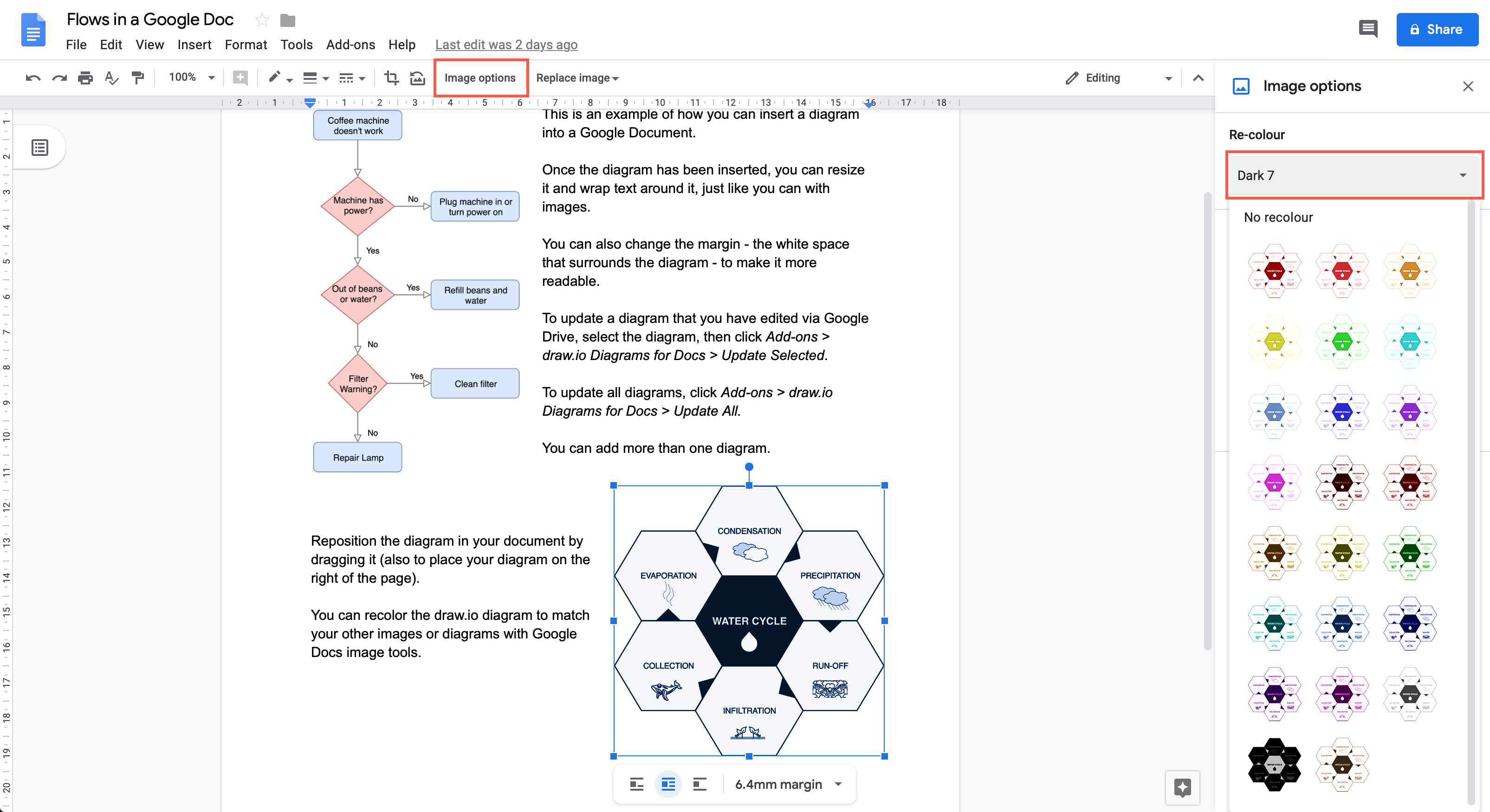 Apply a new colour filter to your diagram in your Google document