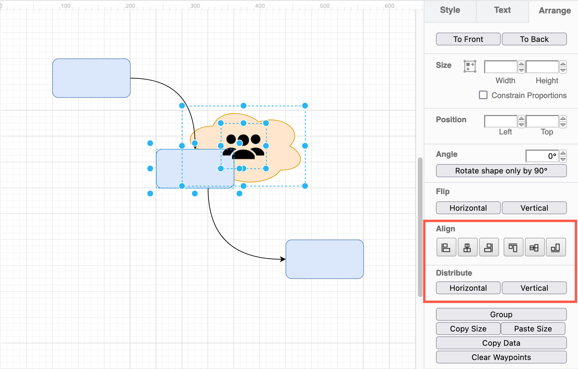 Use the Align and Distribute tools on the Arrange tab to reposition multiple selected shapes with respect to each other