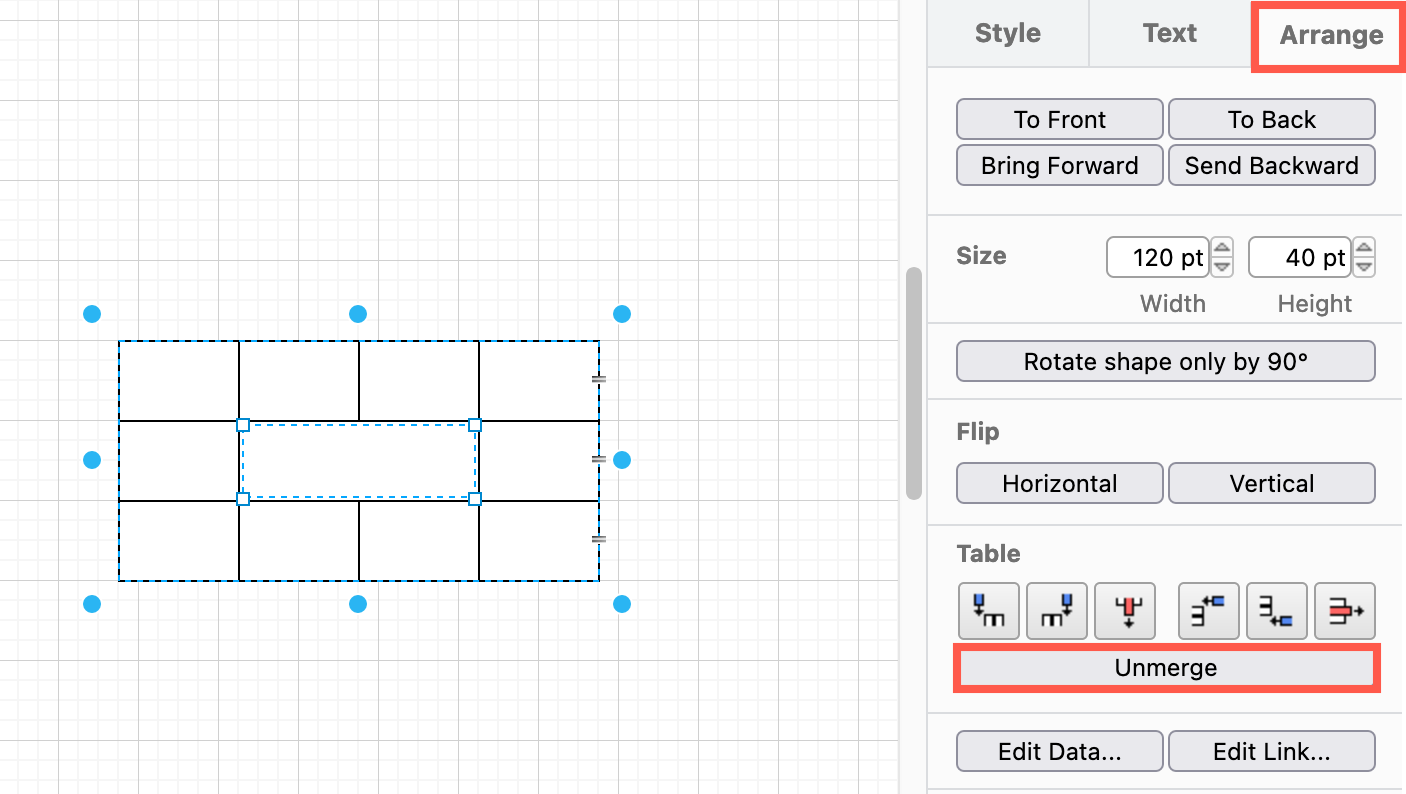 Unmerge table cells in the diagrams.net and draw.io editor via the Arrange tab in the format panel