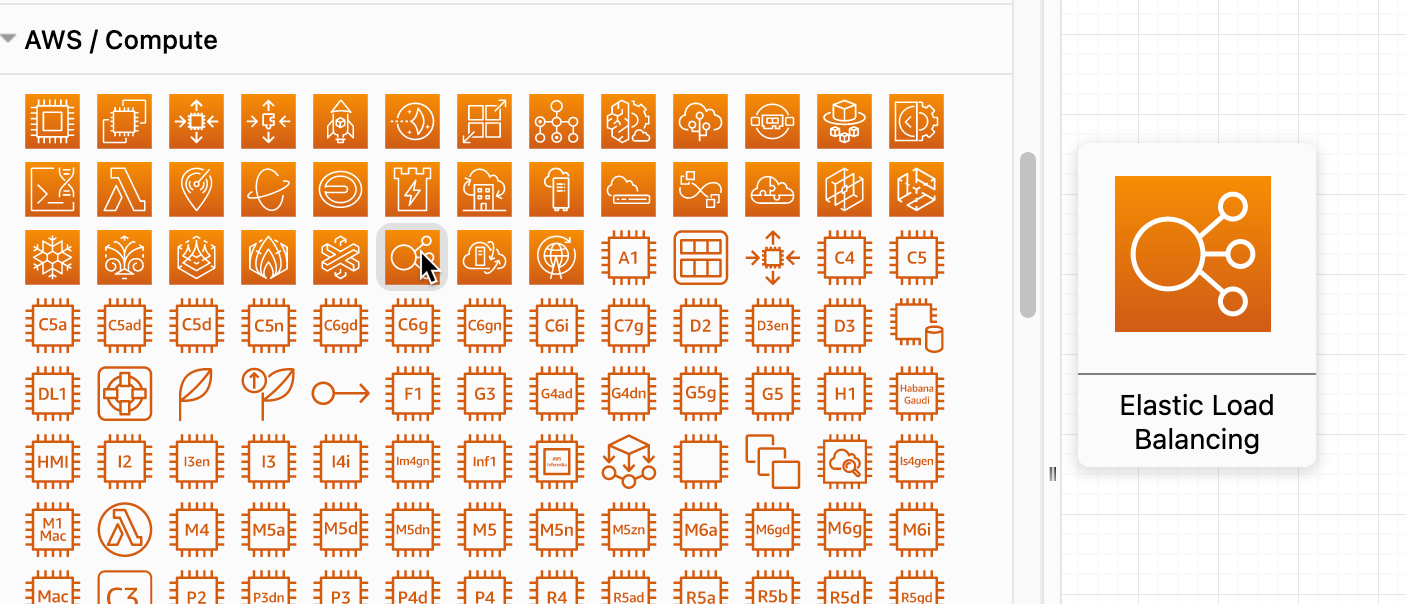 Hover over shapes in the AWS shape library in diagrams.net to see their function