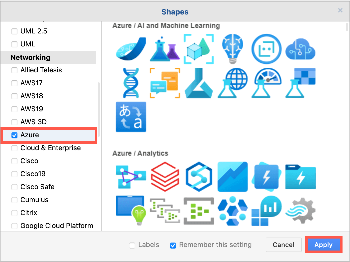 Select the Azure shape library in the Networking section to use these shapes