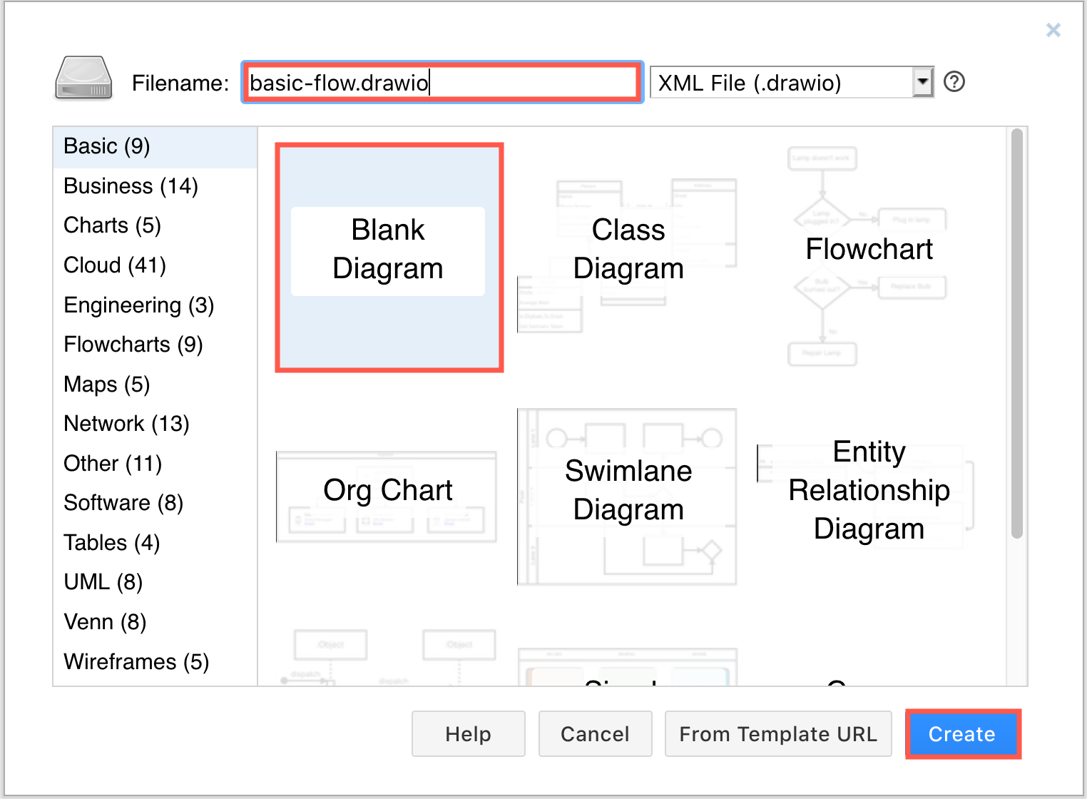 Enter a filename, select Blank Diagram, and click Create