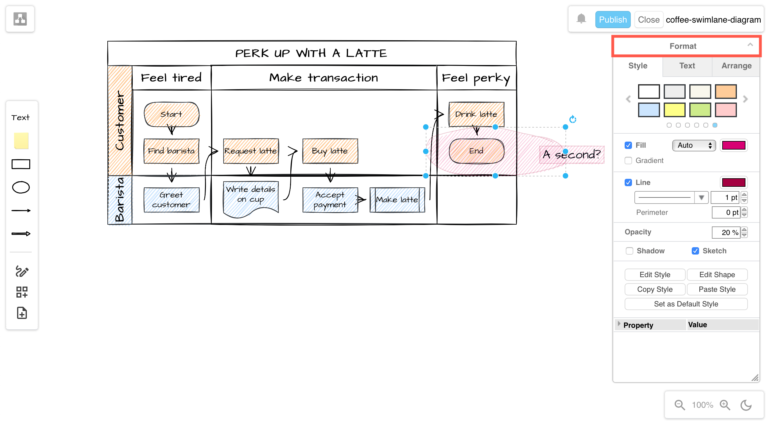 Click on the Format panel's title to open it and style shapes, text and connectors in a draw.io Board diagram