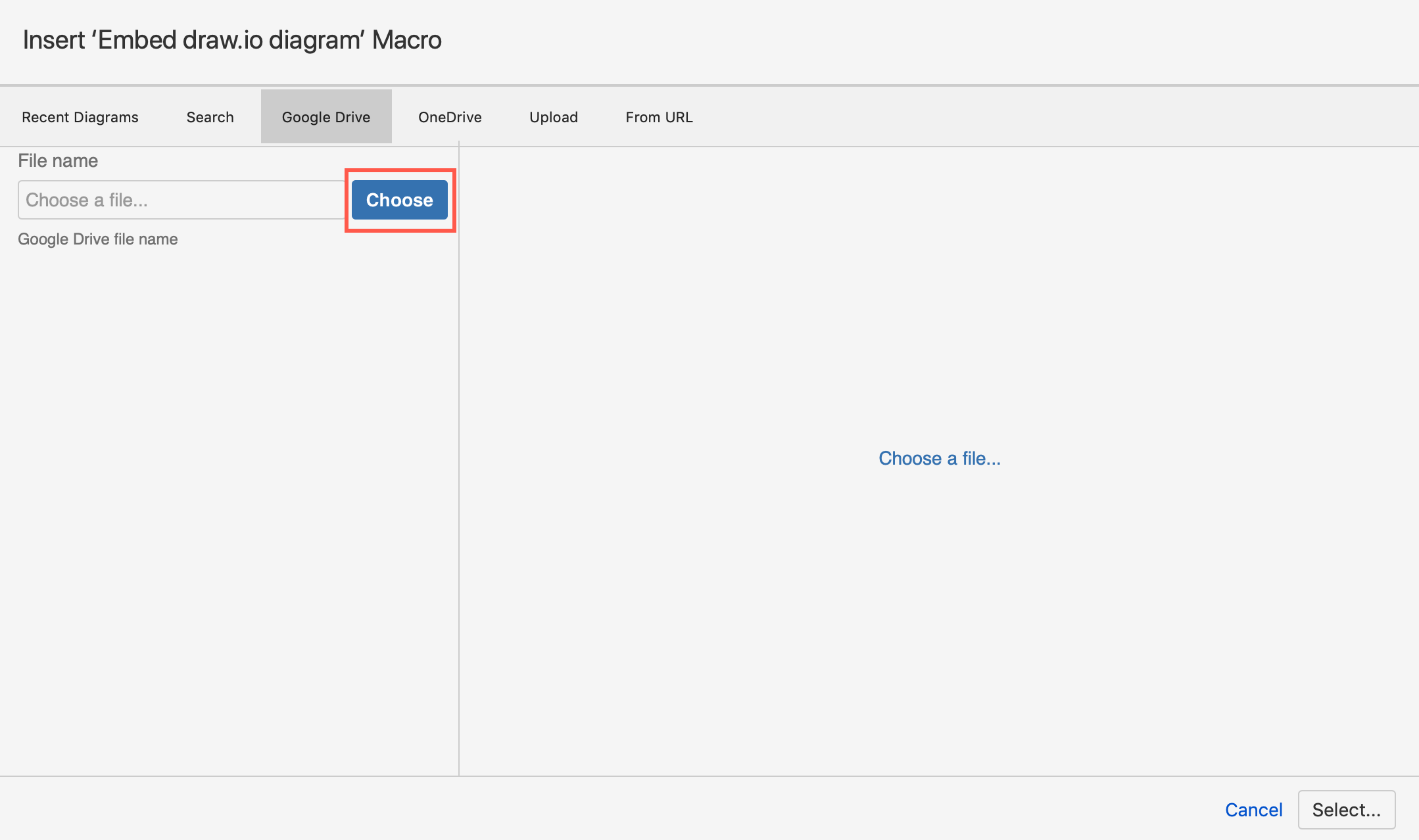 Click Choose to look for the .drawio diagram file in your Google Drive