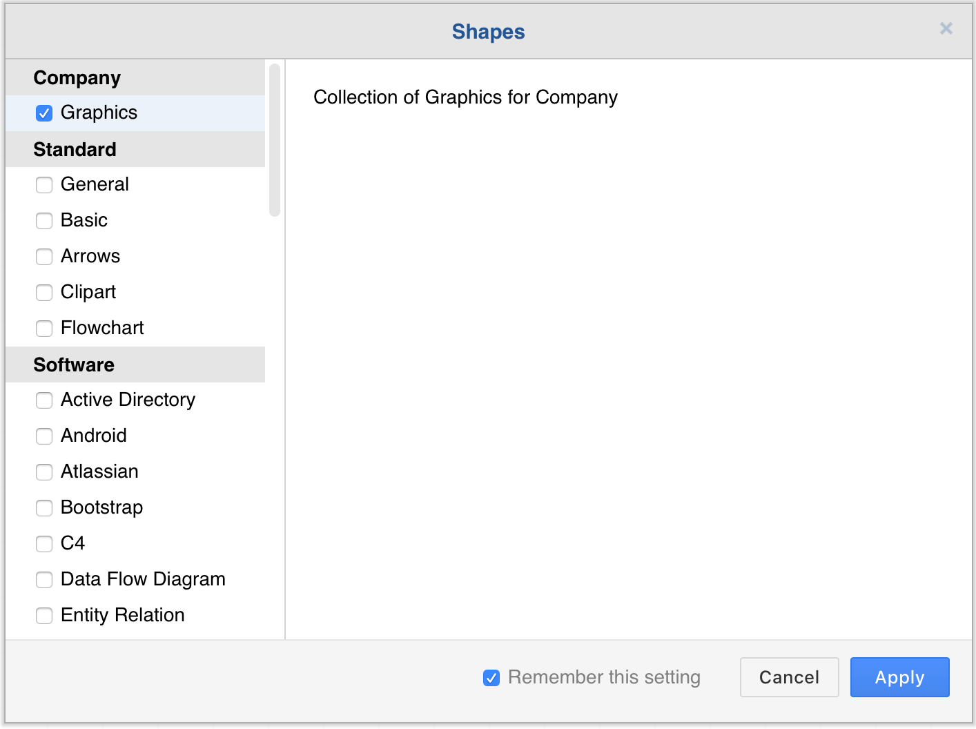 The More Shape dialog in diagrams.net after configuring it with a custom library and library category