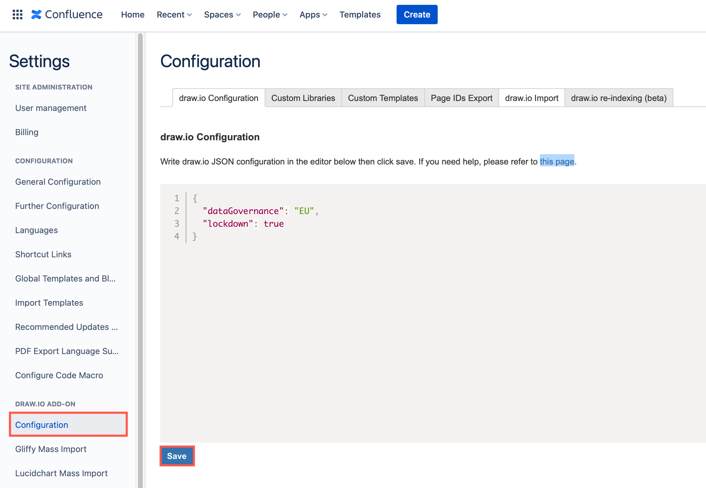 Set which draw.io server endpoint region to use and restrict data transmission to between browser and Confluence Cloud in the draw.io app configuration JSON code