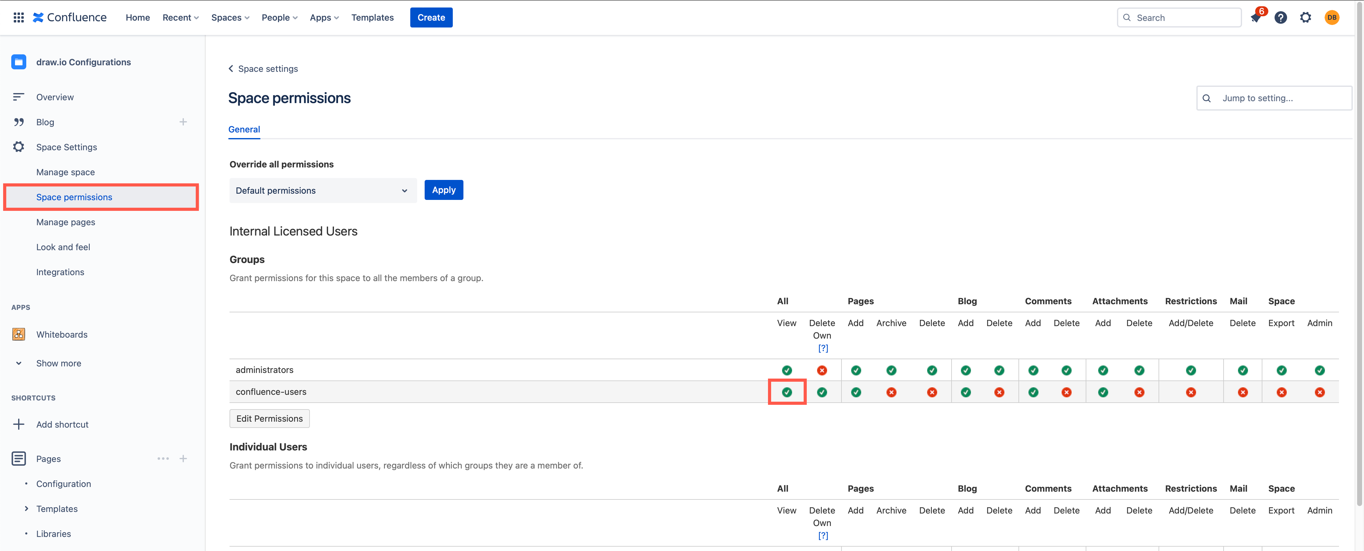 Set your users Read permission to the draw.io Configuration space in your Confluence instance to allow access to custom shape libraries and templates