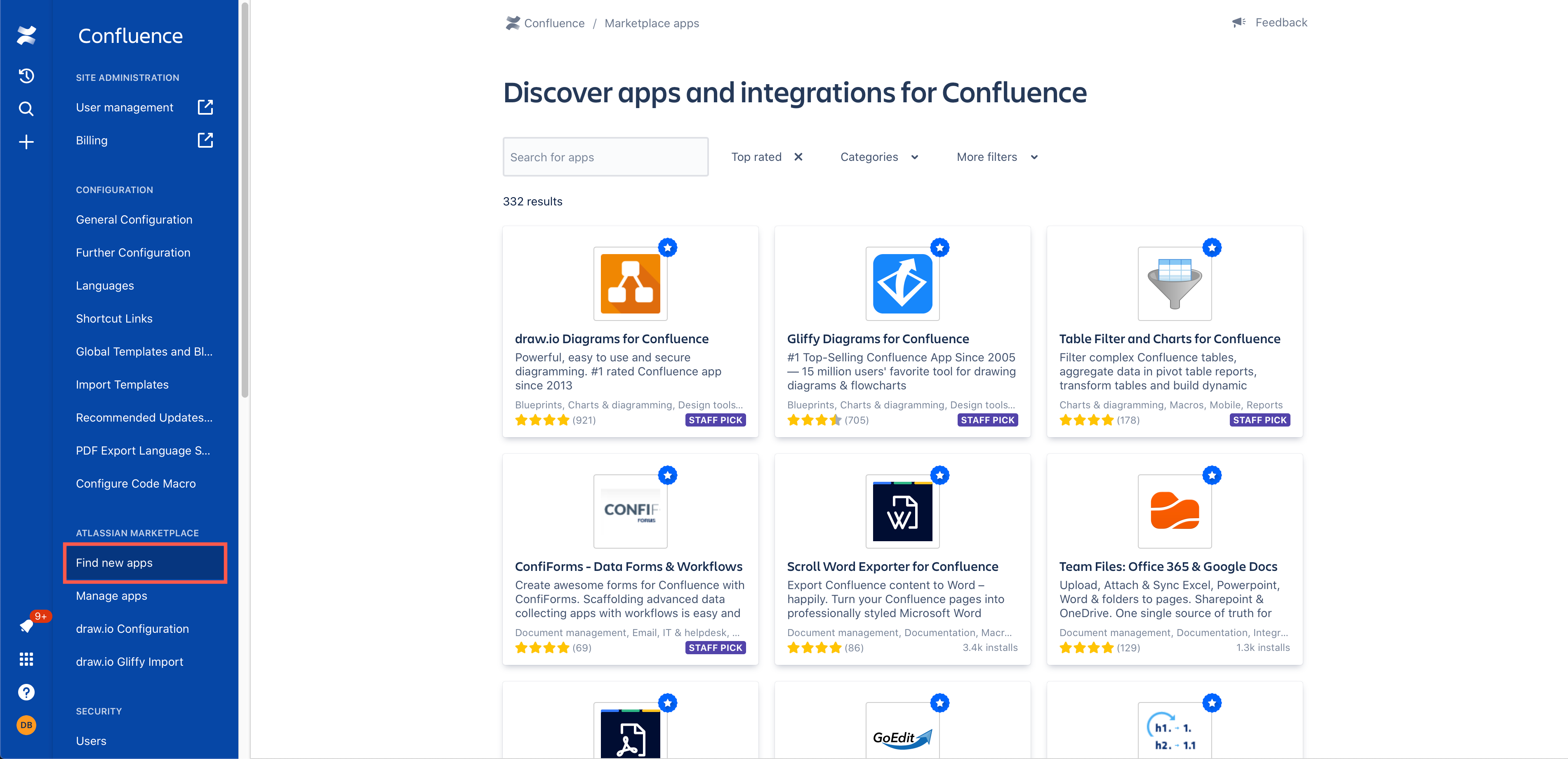 Find new apps for your Confluence Cloud instance via Settings