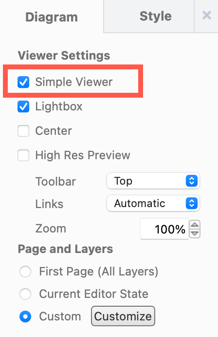 Use the draw.io Macro Settings in Confluence to enable the Simple Viewer