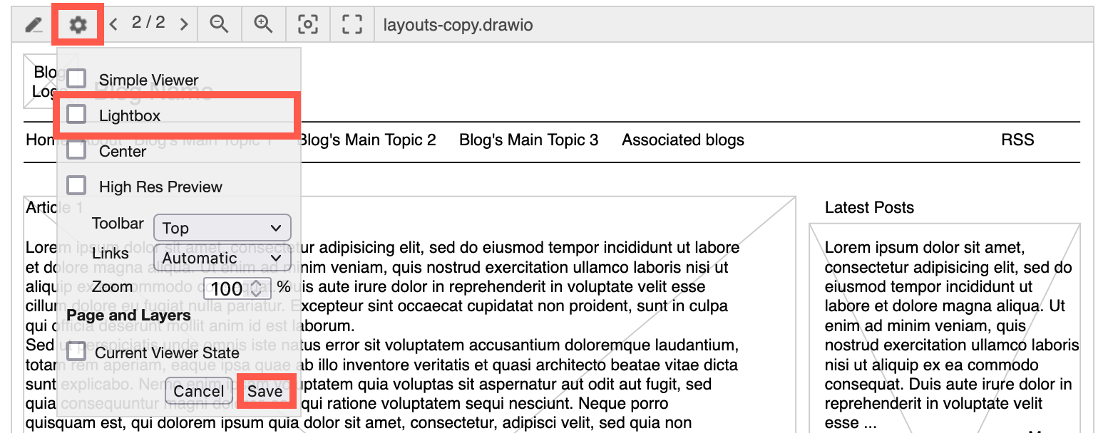 Disable the Lightbox via the draw.io macro's Viewer Settings when viewing a page in Confluence Cloud