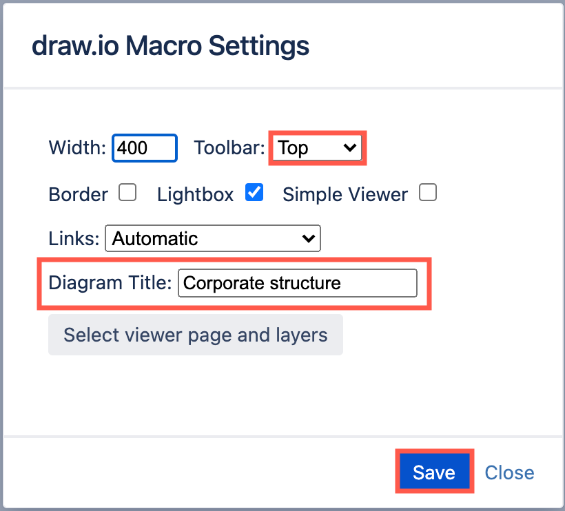 Change the title of the draw.io diagram in the macro settings in Confluence Data Center and Server