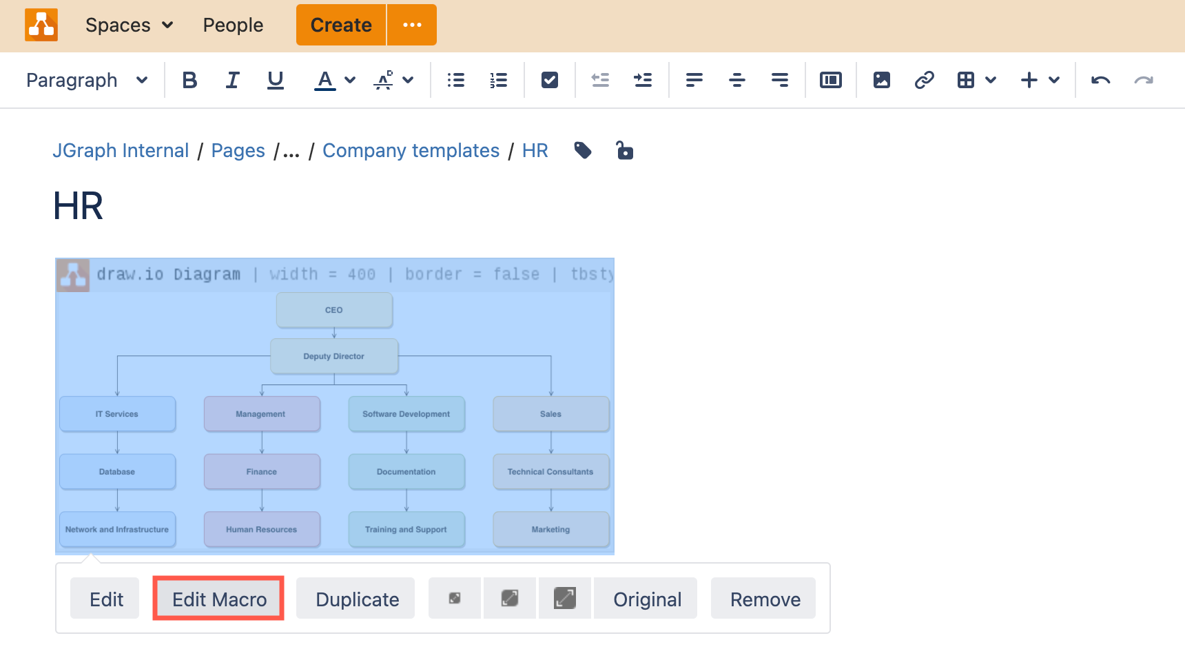 Edit the draw.io diagram macro settings to change the diagram title in Confluence Data Center and Server