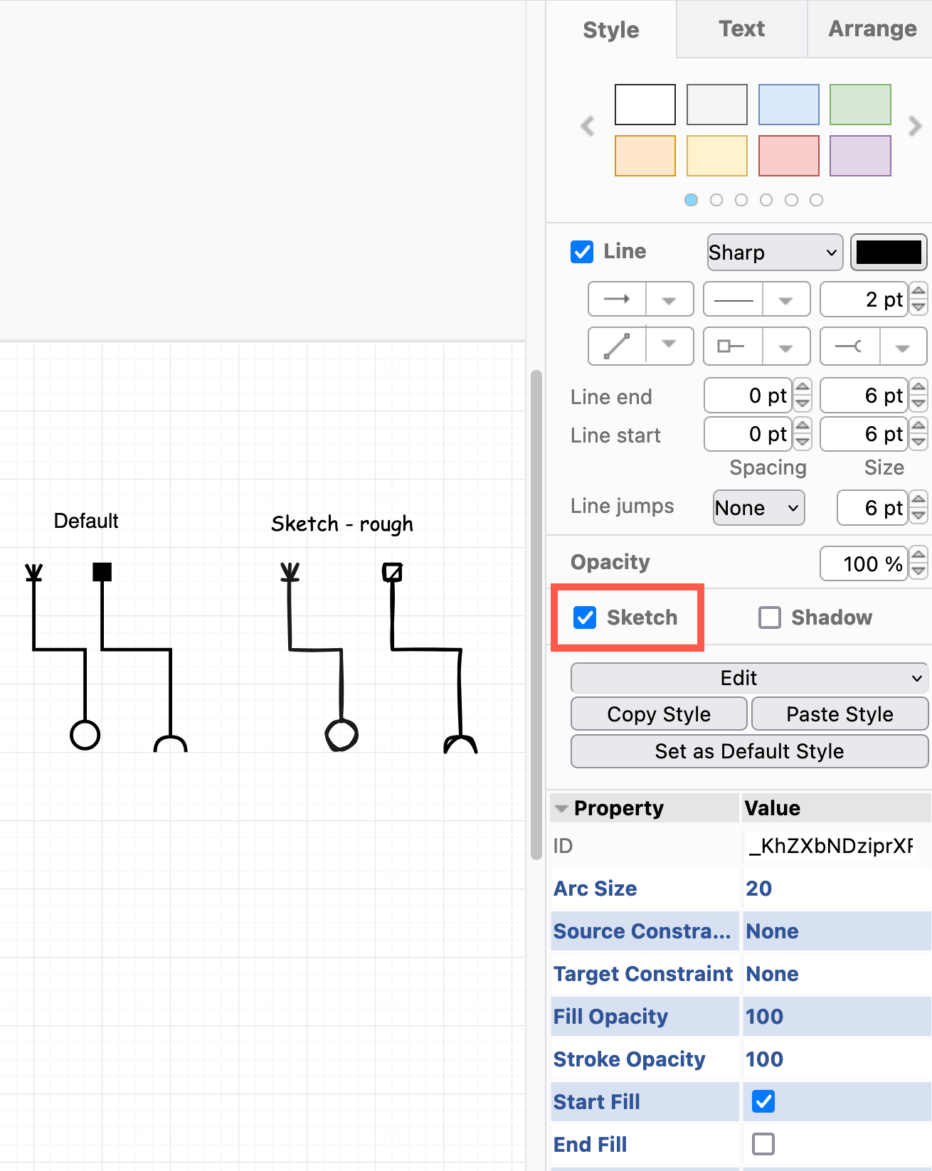For hand-drawn connectors and arrow heads, enable the Sketch style in the Style tab of the format panel