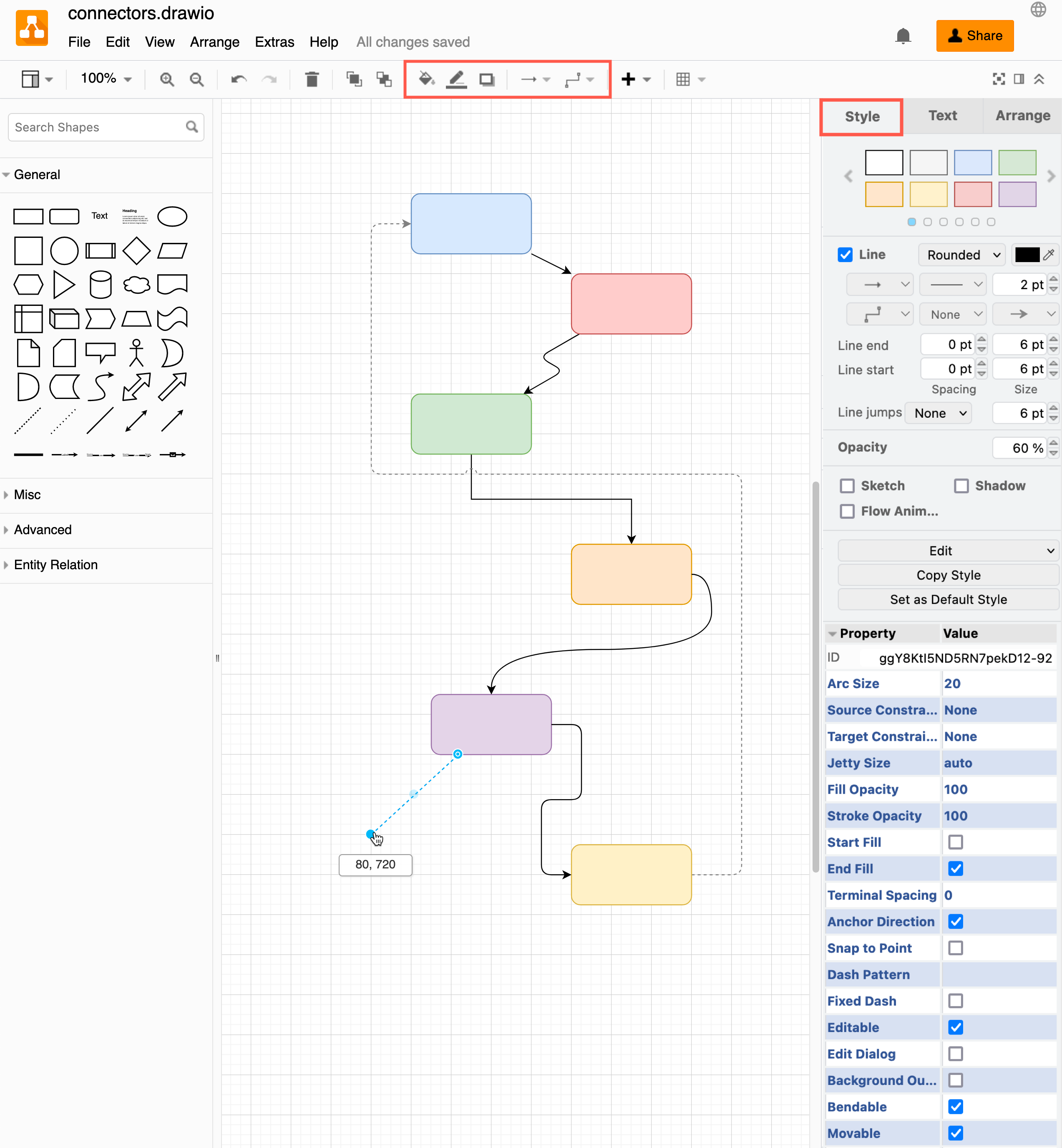 The Style tab in the format panel and the connector tools in the tool bar let you change the style of a selected connector in diagrams.net