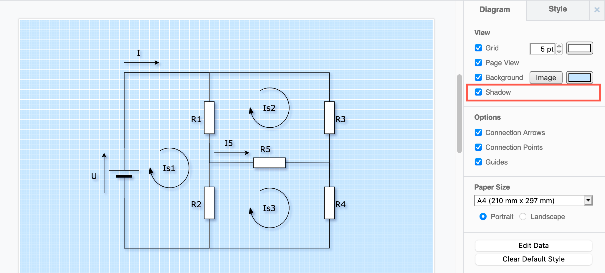 Add a shadow to all the shapes, connectors and text in your diagram