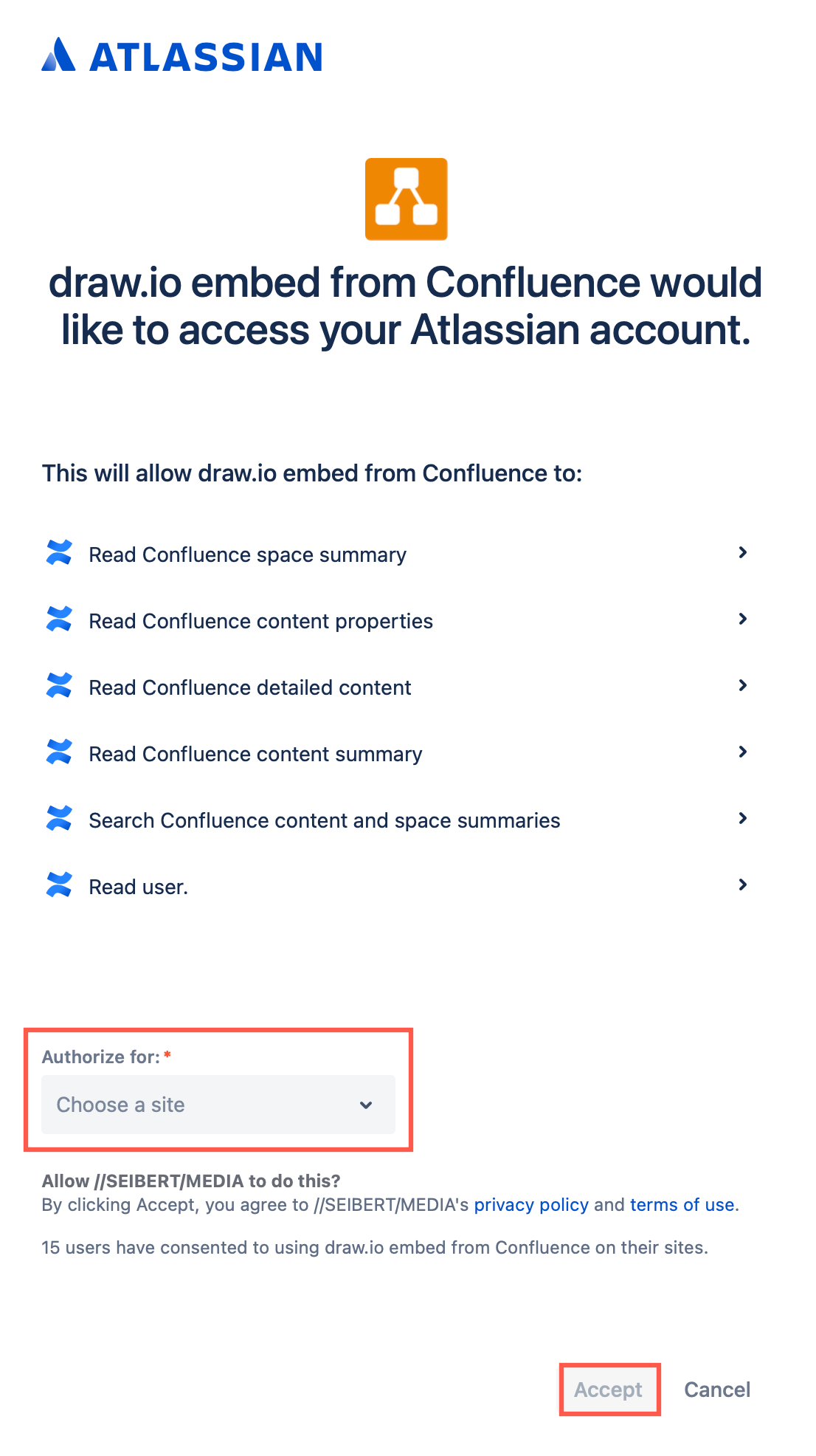 Before you can embed a draw.io diagram into a Jira Cloud issue, you must select the Confluence Cloud instance and authorise draw.io to access it