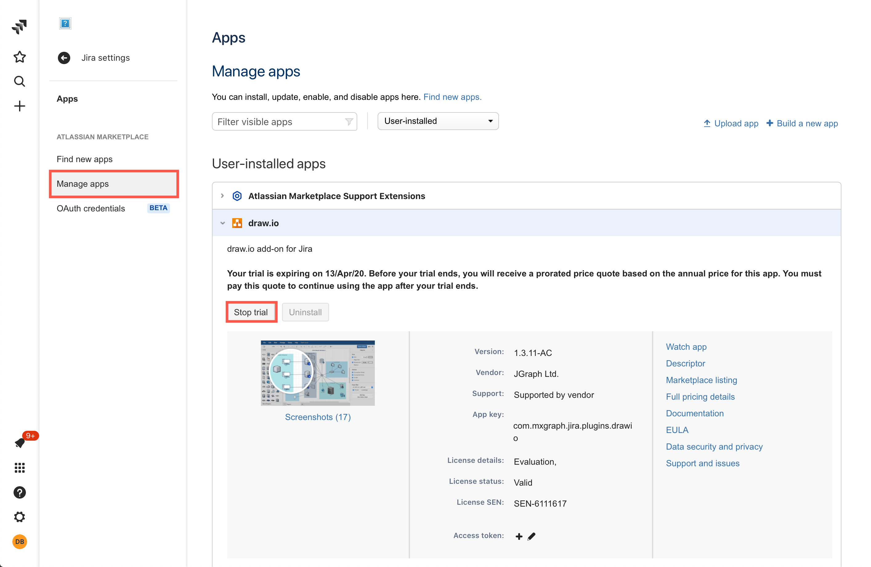 Stop your free draw.io trial in your Jira Cloud instance via Settings