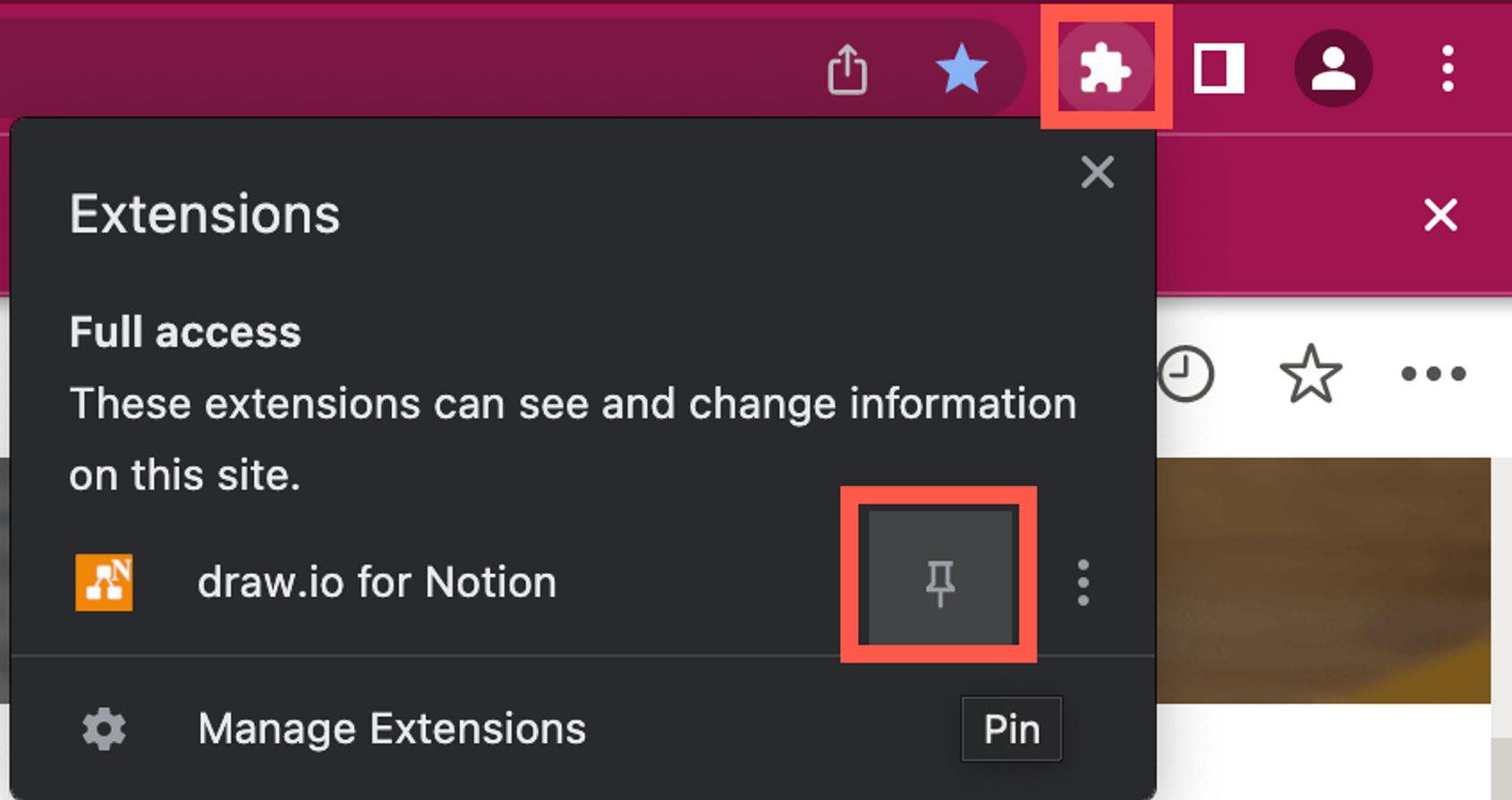 Pin the draw.io for Notion Chrome extension so you can access it faster when editing diagrams in Notion