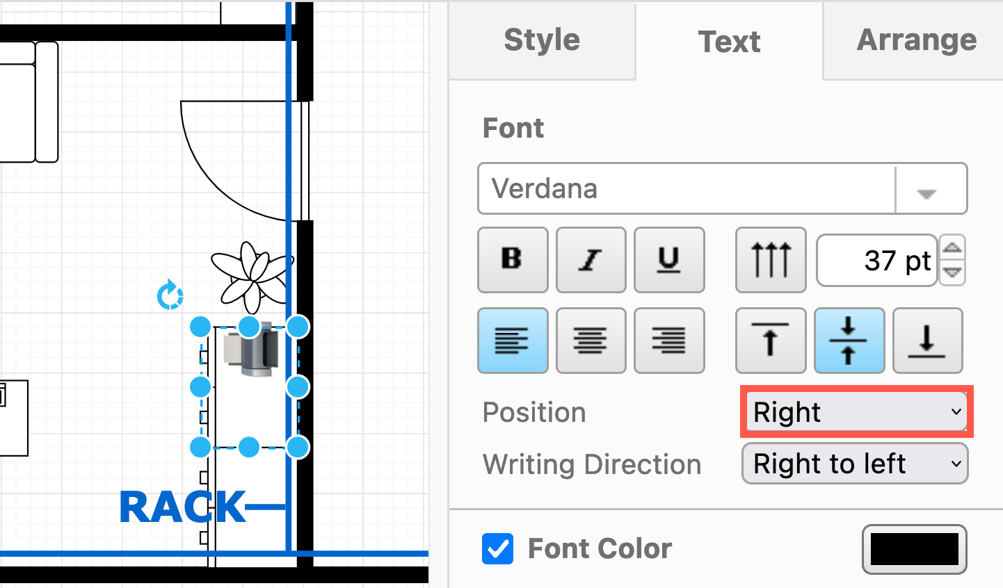 Use the Text tab in the format panel to change the size, position, alignment and direction of emoji labels