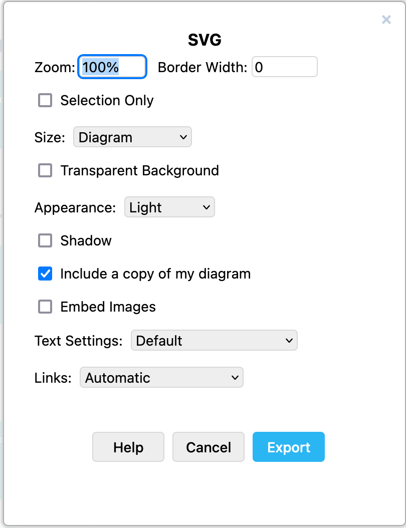 diagrams.net options when exporting a diagram as an SVG image