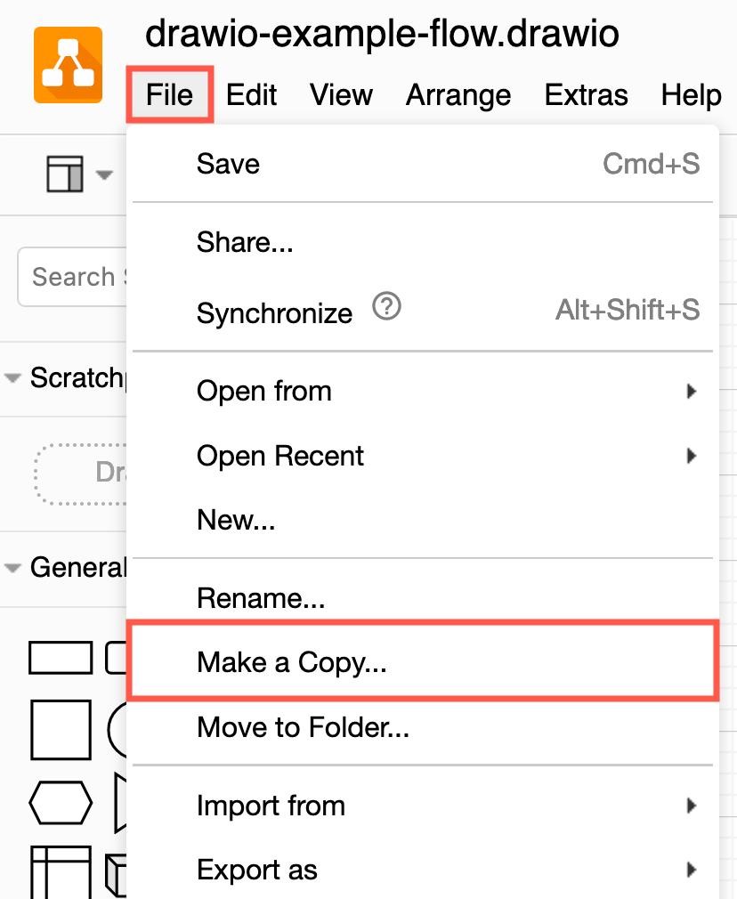 Select File > Rename from the menu to rename a diagram file in Google Drive