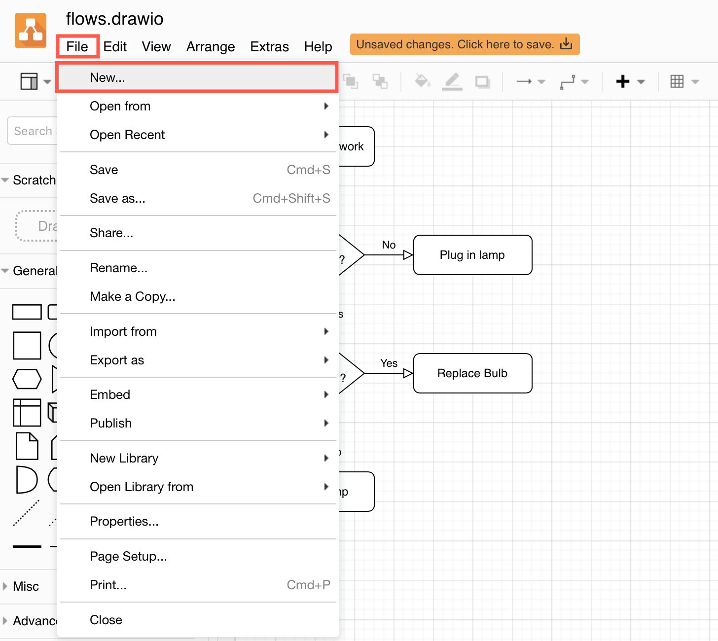 Select File > New within the diagrams.net editor to create a new diagram