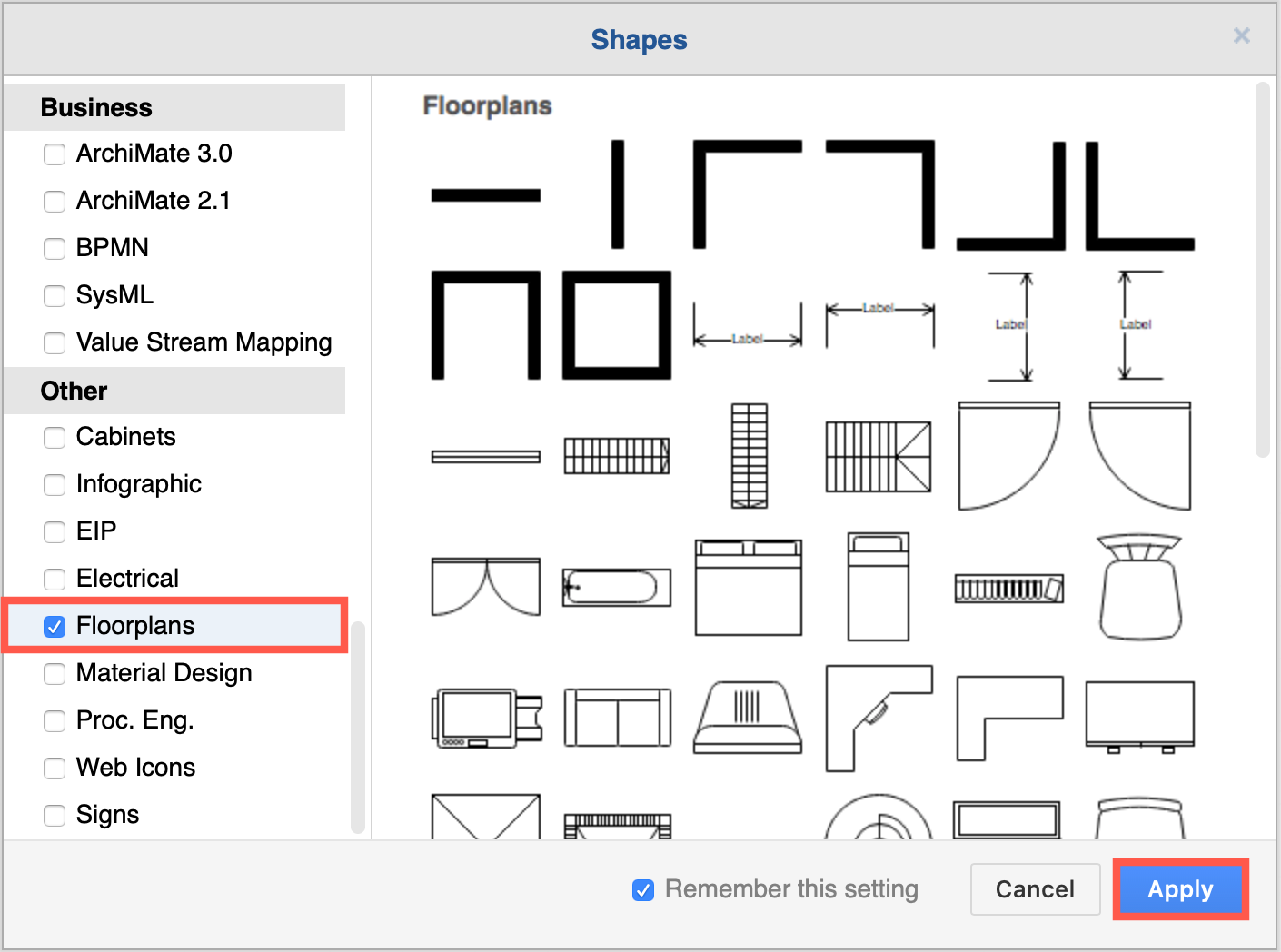 Enable the Floorplans shape library in diagram.net
