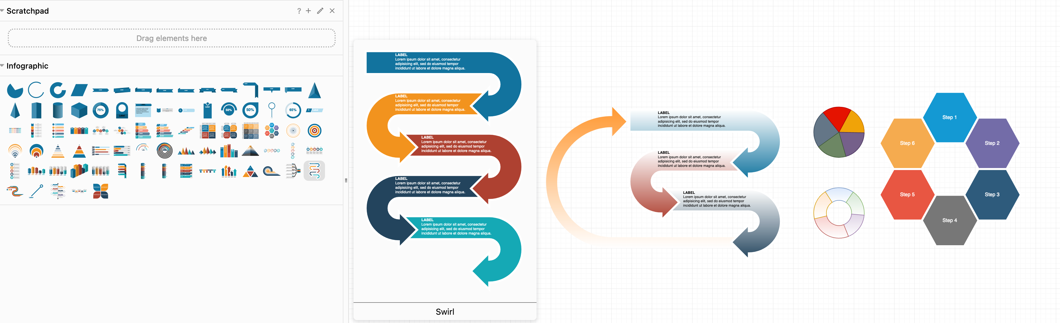 Create your own circular flowchart from shapes in the infographic shape library in diagrams.net