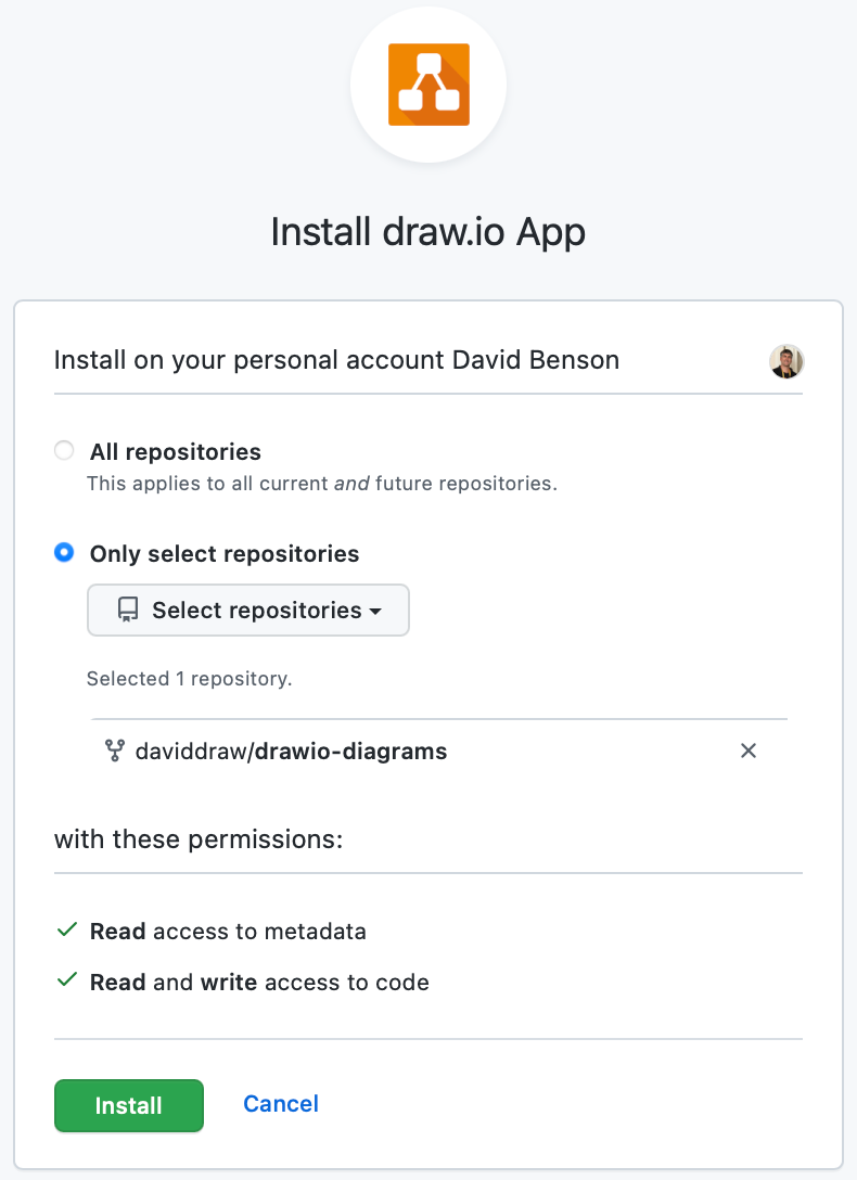 When installing the draw.io App for GitHub, select the repositories you want to install it into