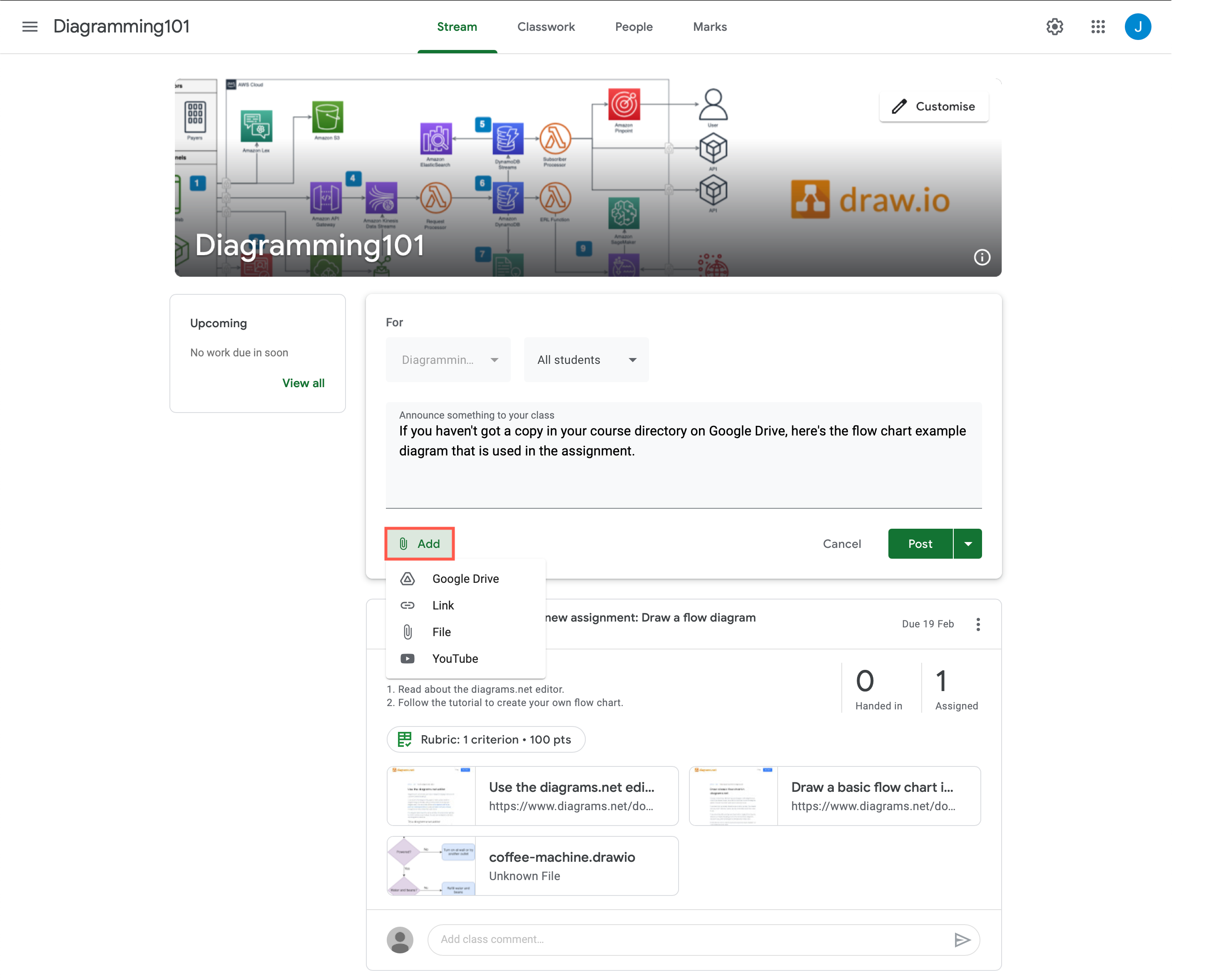 Attach a diagram file to an announcement in Google Classroom