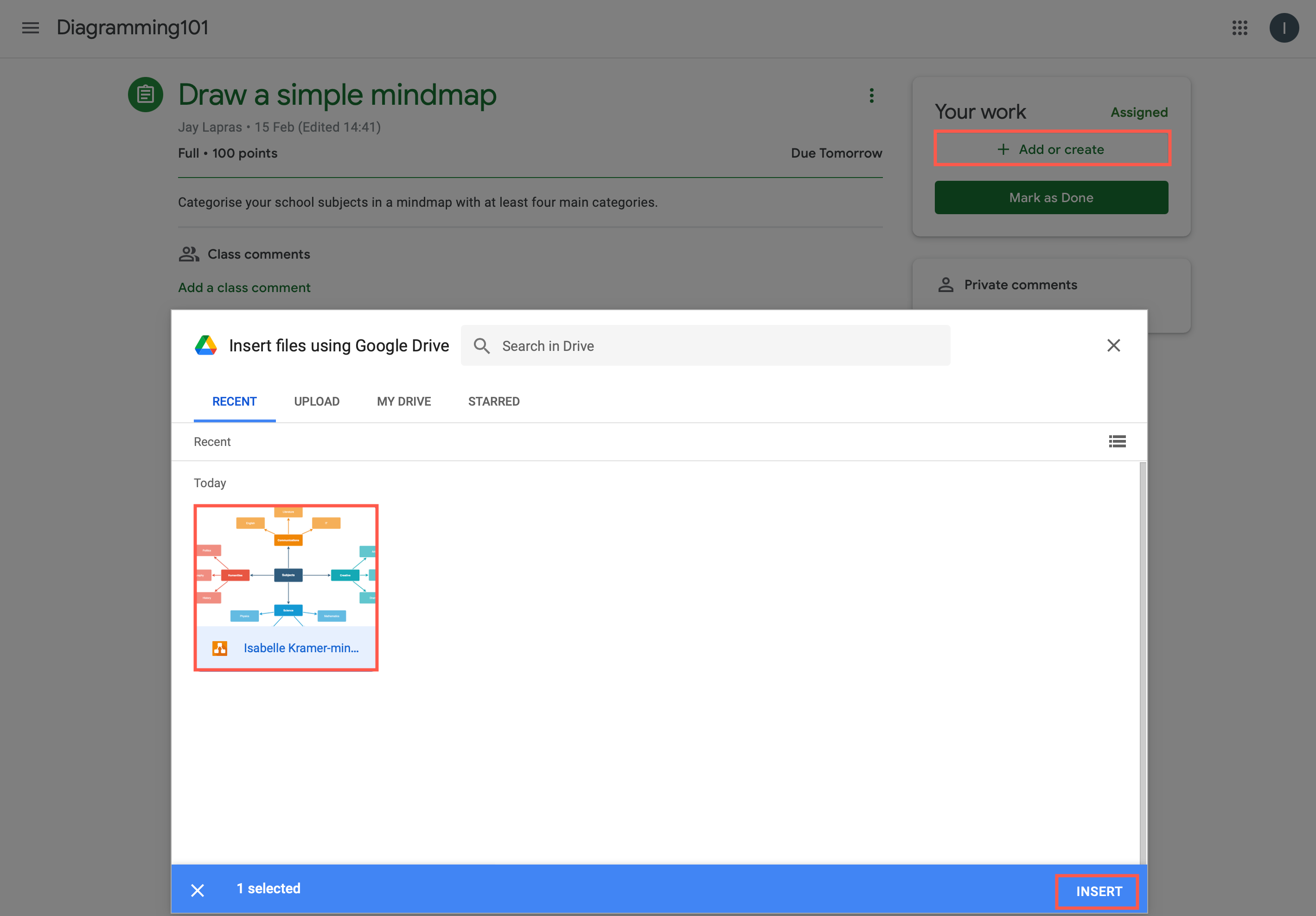 Submit a diagram file from Google Drive as part of your assignment in Google Classroom