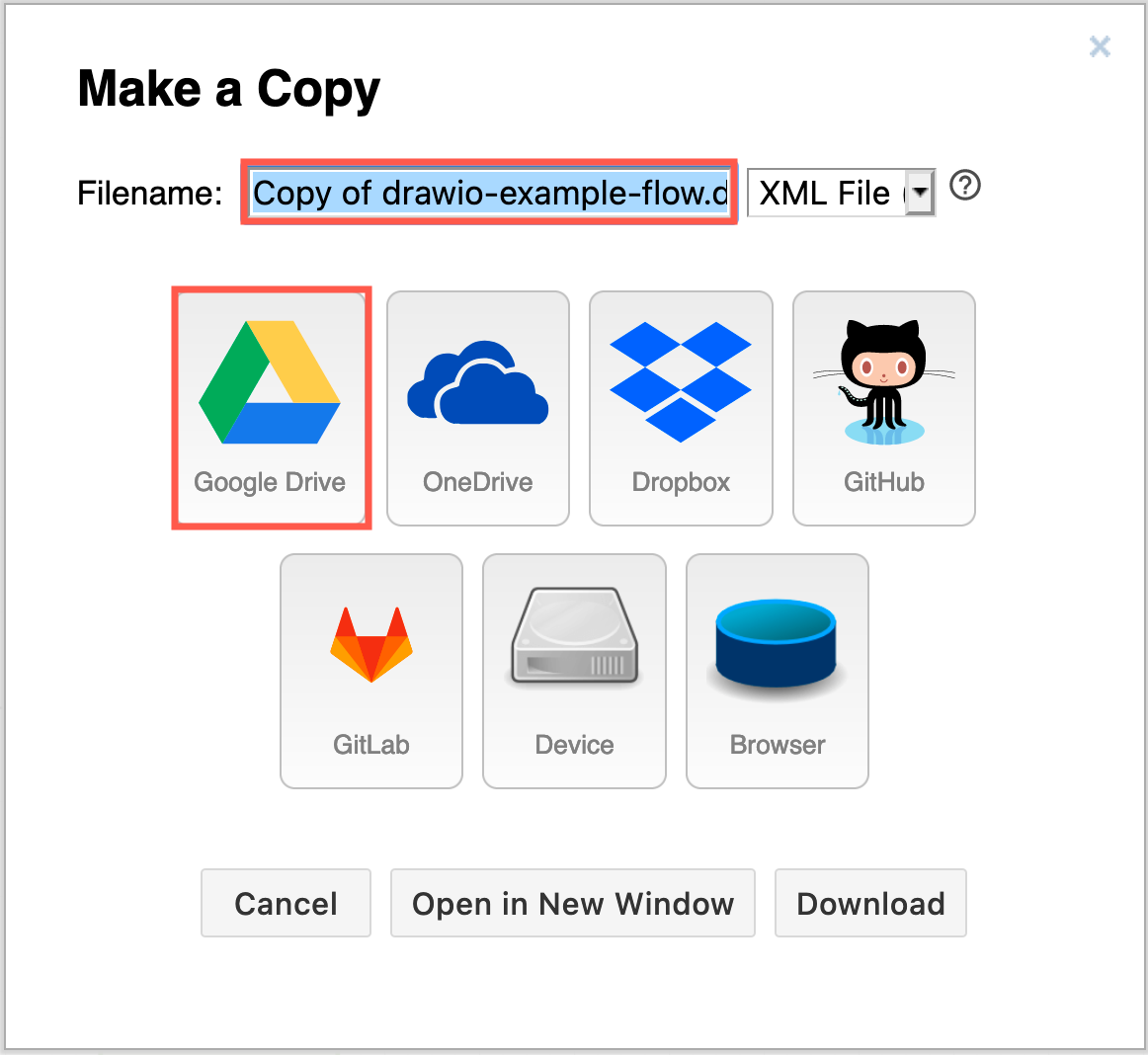 Edit the the filename, then click on Google Drive to save a copy in your current Google Drive folder.