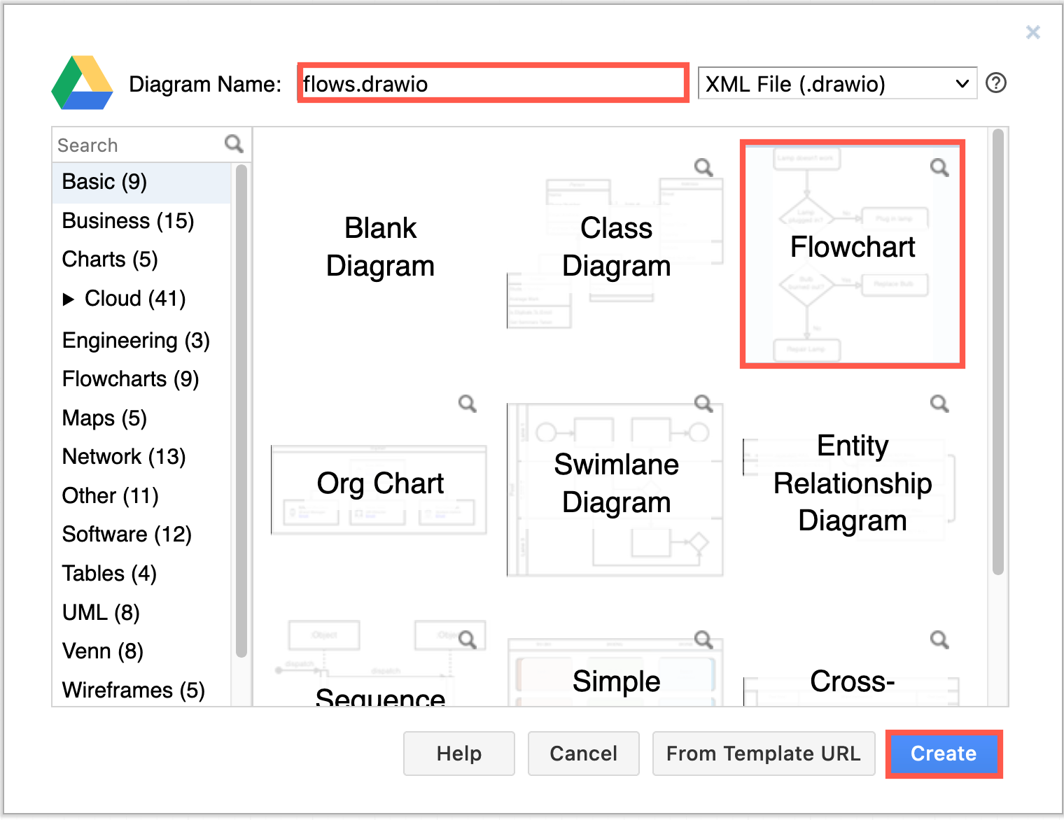 Select a template and enter a diagram name to create a new diagram in Google Drive