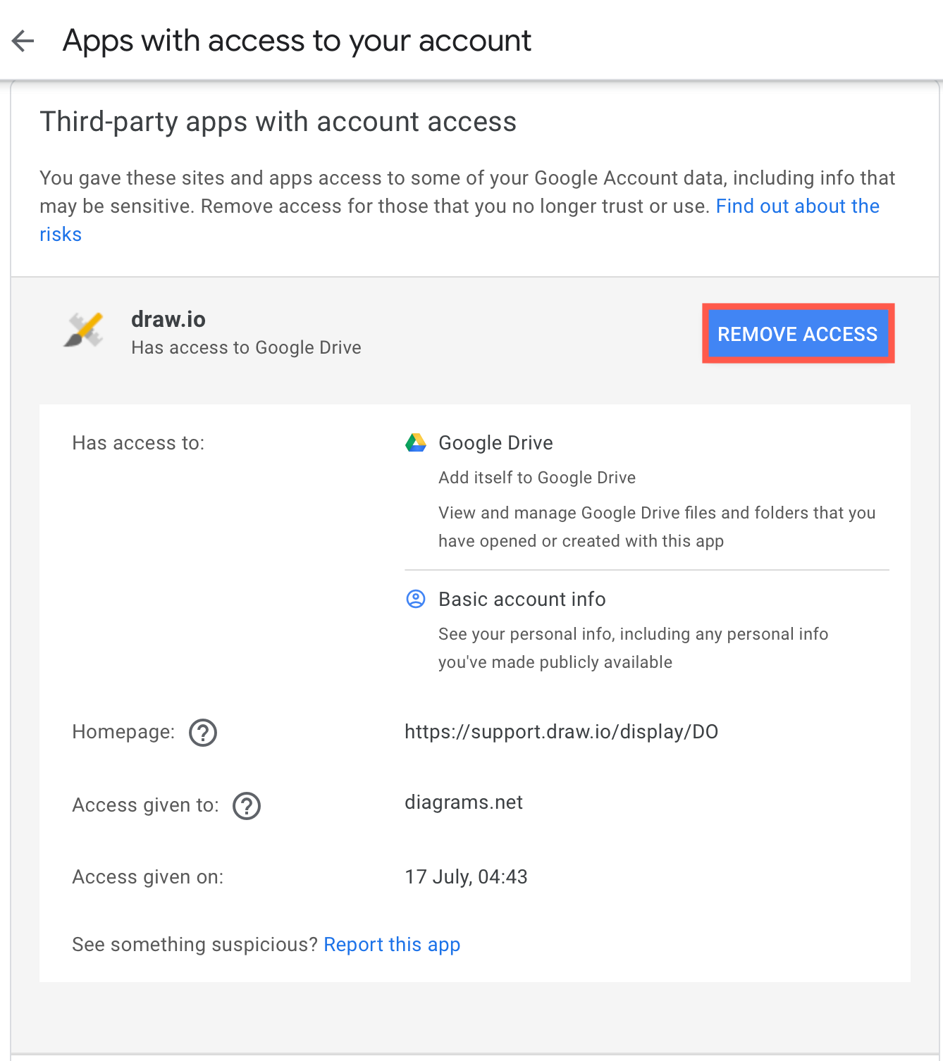 Revoke permissions access for draw.io to Google Drive