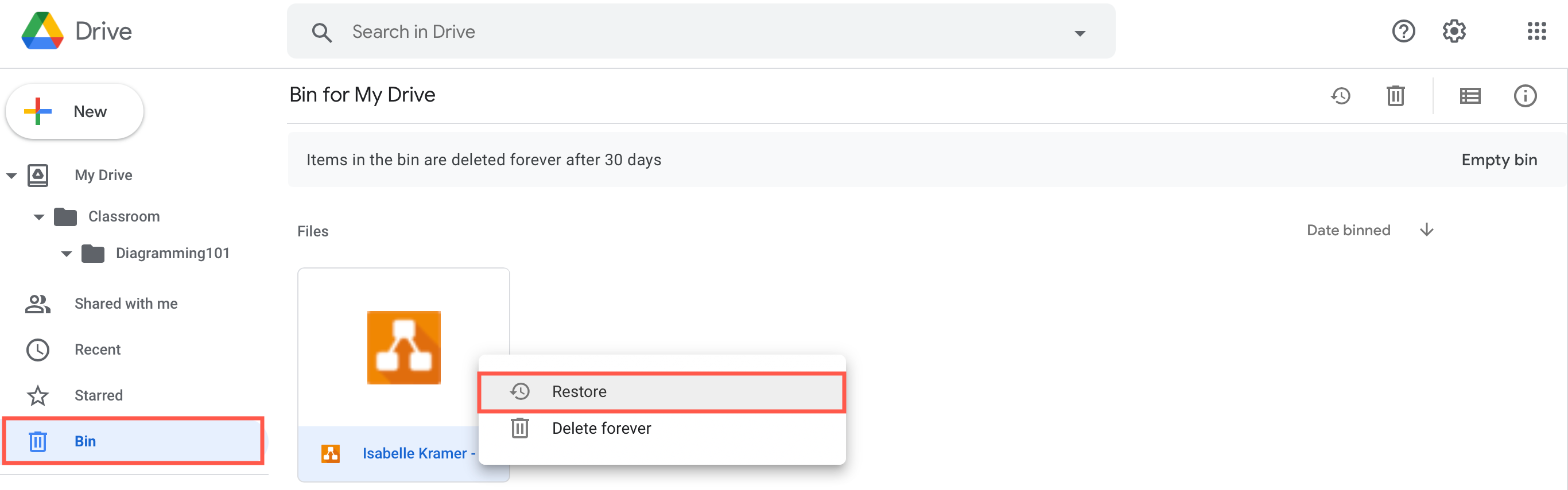Students can restore the deleted diagram file themselves, via the Bin in their Google Drive