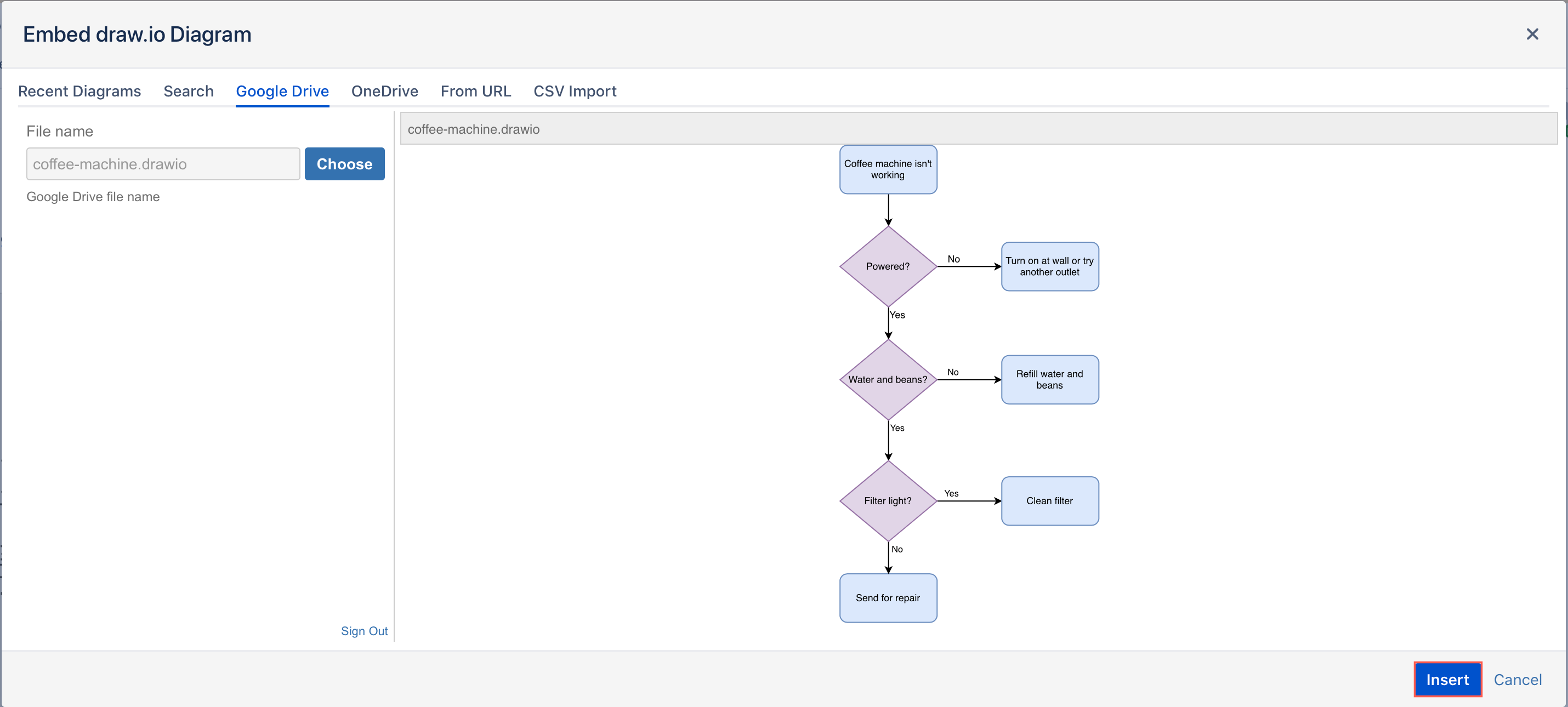 Click Insert to embed the diagram file from your Google Drive into your Confluence Server page
