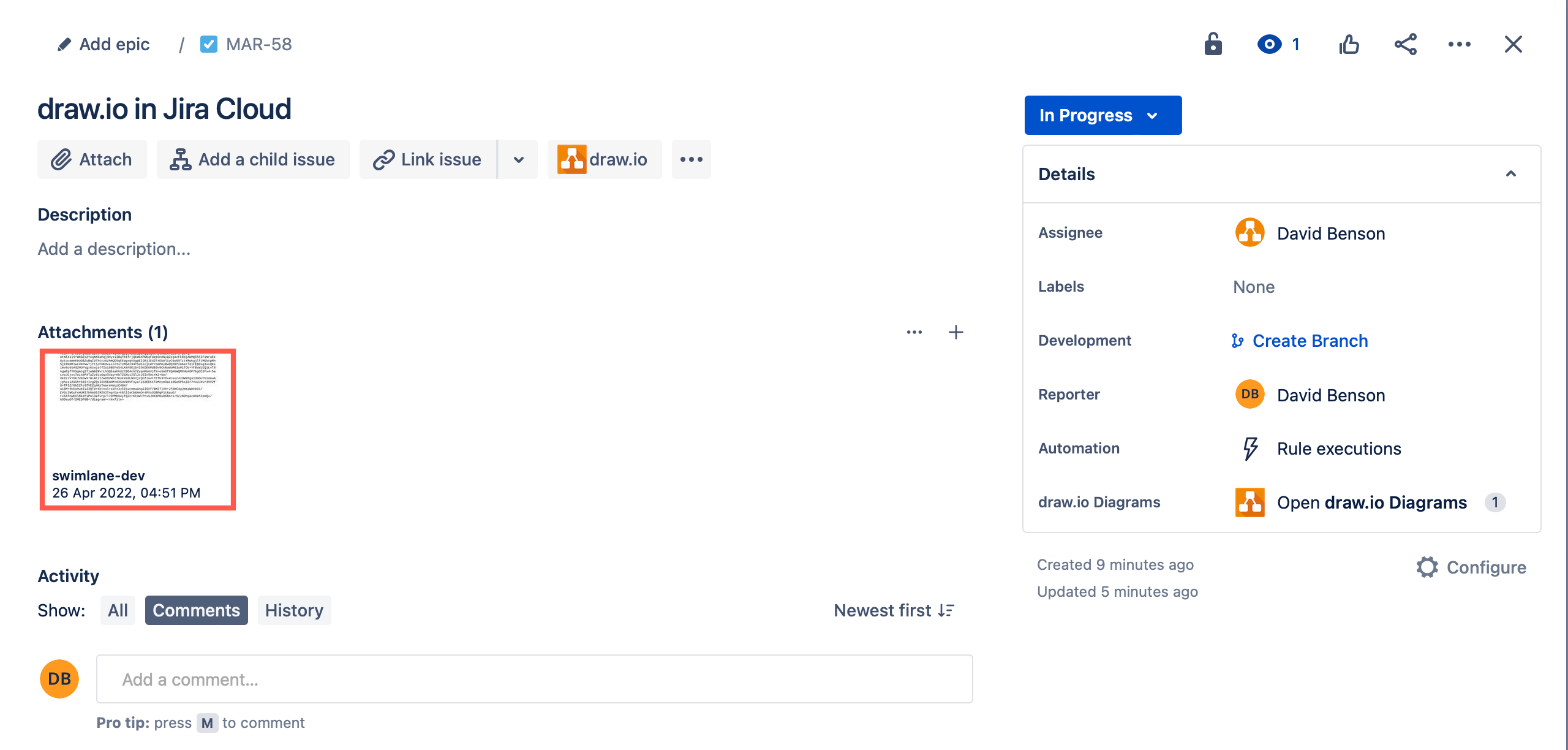 Your draw.io diagram file is added as an attachment to the Jira Cloud issue