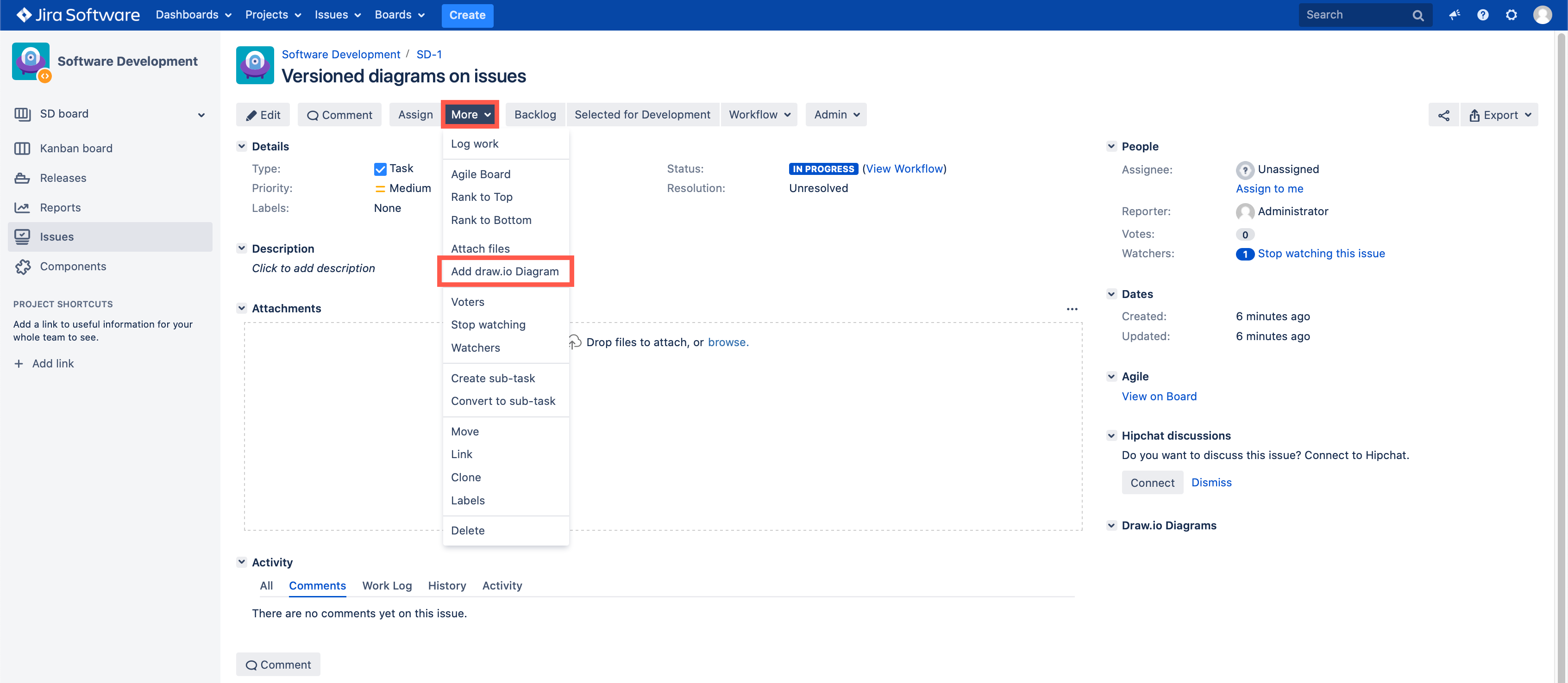 Add a draw.io diagram to a Jira Server issue via the issue toolbar