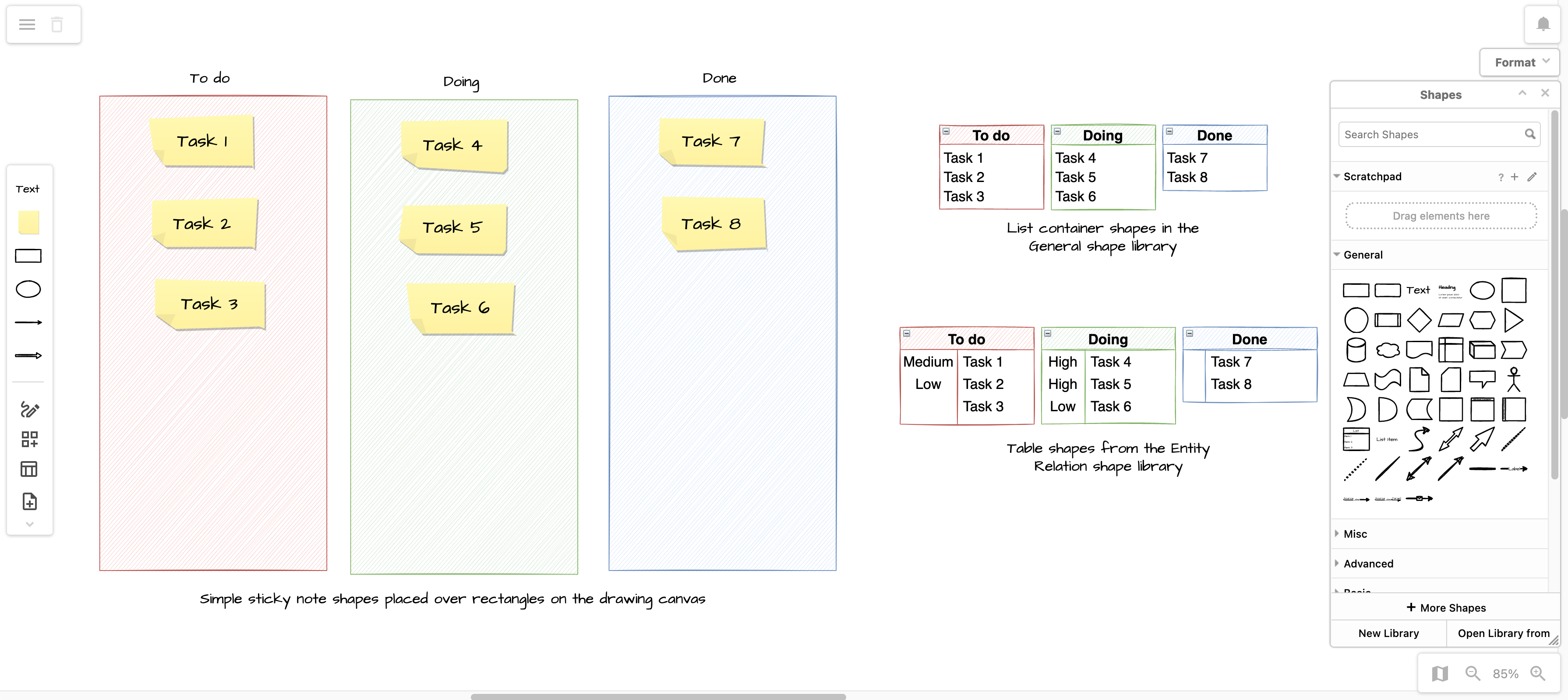 Create your kanban board in diagrams.net using simple shapes, lists, entity tables or the simple kanban template