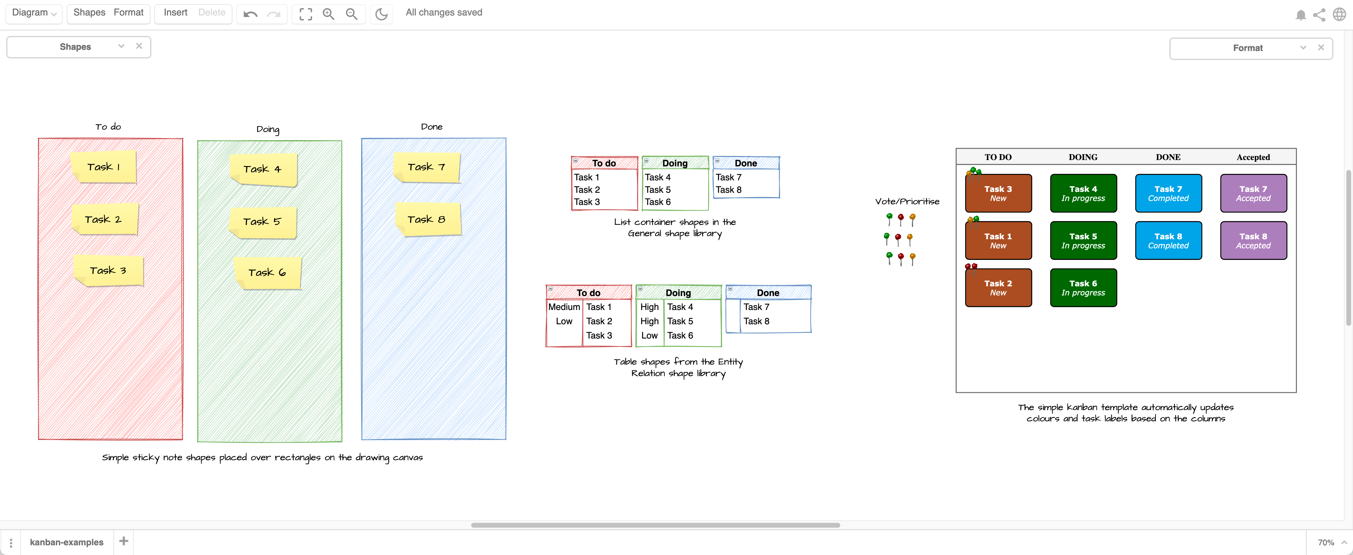 Use the Minimal or Sketch editor themes in diagrams.net to make your remote kanban board feel more like a whiteboard