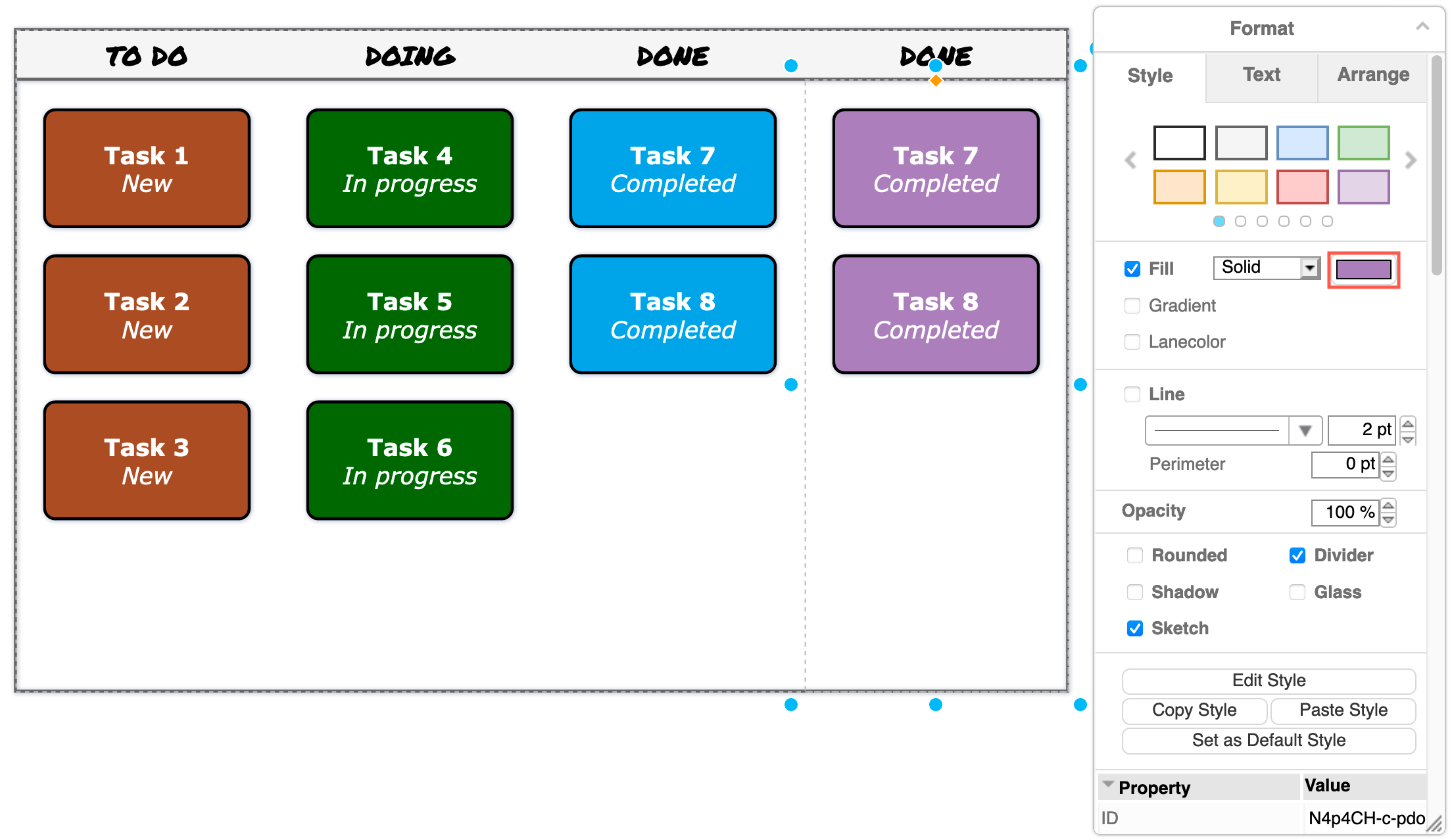 Change the colour of the tasks in a column to the kanban template in diagrams.net