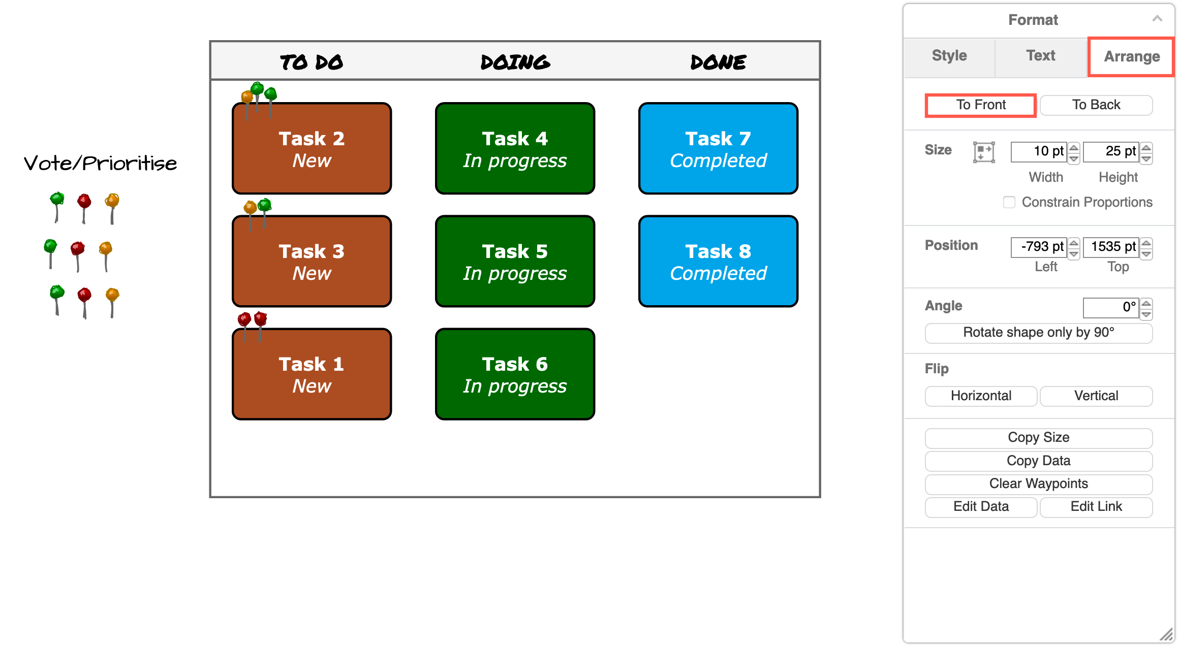 Vote on tasks or set task priorities by placing pins or other simple shapes on your kanban board in diagrams.net
