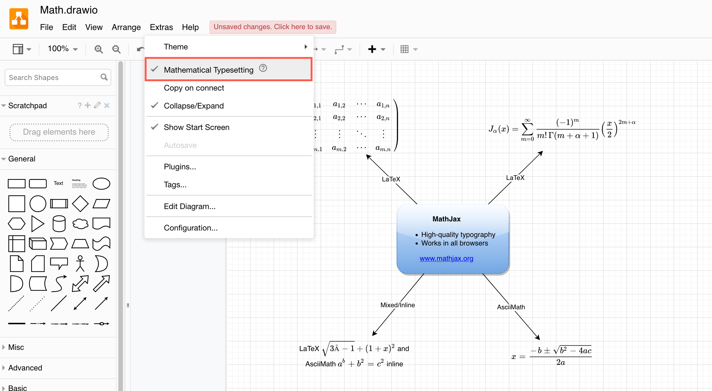 Click Extras > Mathematical Typesetting to render your equations in MathJax