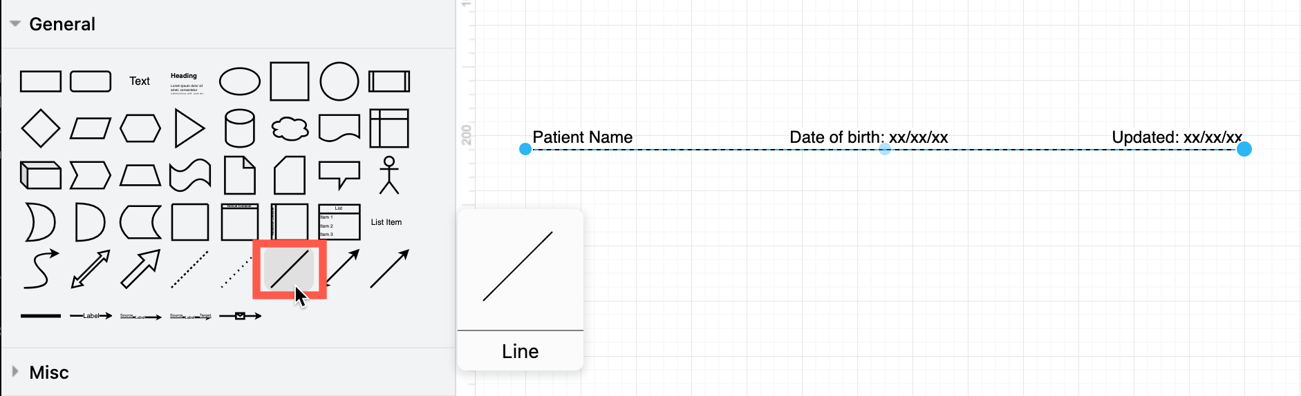Add your name, date of birth, and the date you updated each diagram on the three labels of a plain connector